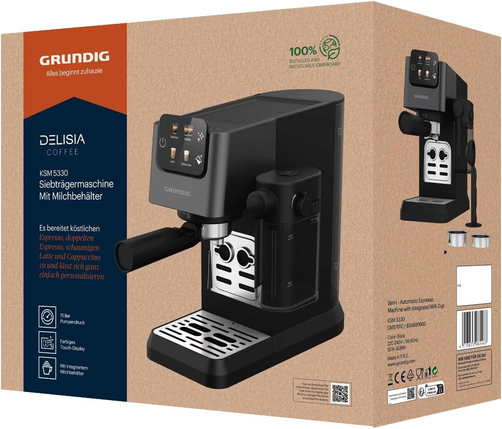 Machine à expresso porte-filtre GRUNDIG KSM 5330 avec réservoir à lait intégré, puissance 1628 W, pression de pompe 15 bar, double buse, écran tactile couleur, BrewSense, CreamyPro, acier inoxydable foncé/noir