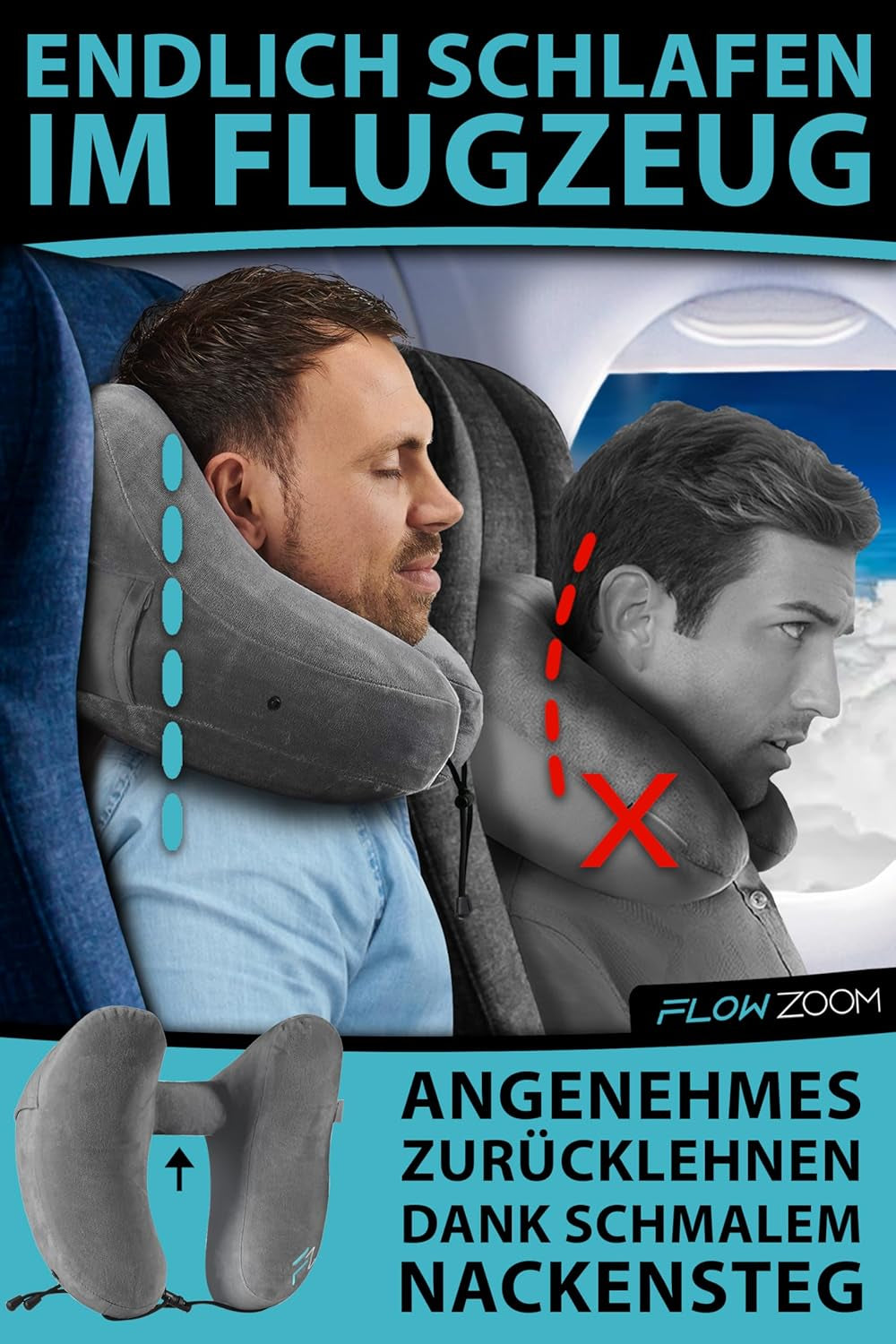 FLOWZOOM AIR Oreiller Cervical Gonflable avec Capuche - Oreiller Cervical Avion - Oreiller de Voyage - Oreiller Cervical Gonflable Rapide - Oreiller Avion - Oreiller de Voyage - Oreiller Cervical pour Adultes (Gris) Oreillers Cervicaux Orthopédiques Naty Shop