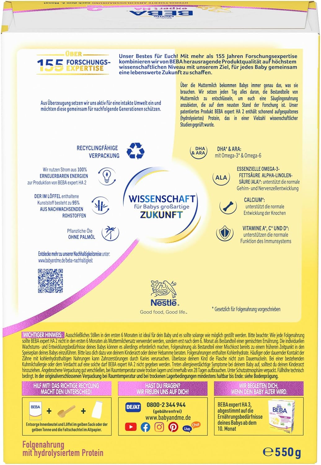 BEBA Expert HA 2 Lait de suite après 6 mois, aliment bébé aux protéines hydrolysées, lactose uniquement, sans huile de palme, lot de 6 (6 x 550 g) Naty Shop
