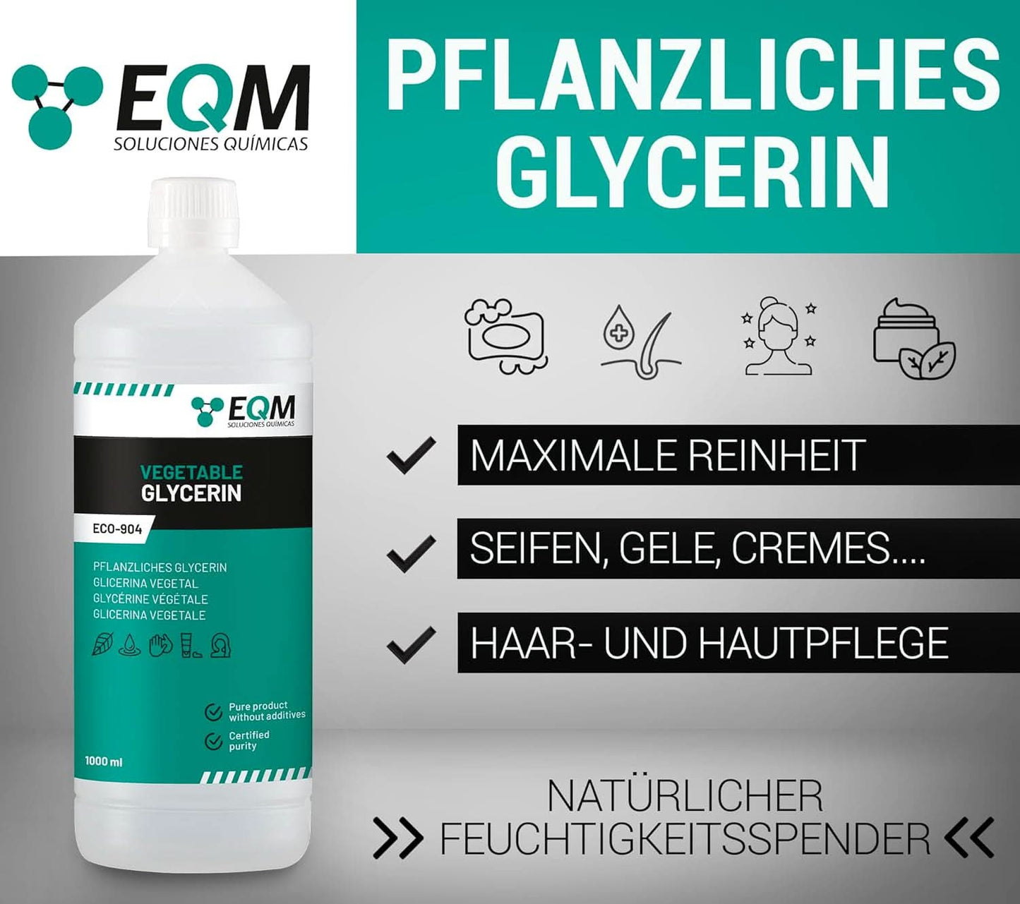 Glycérine végétale, 100% naturelle, hydratant naturel pour cheveux et peau, idéale pour les savons, shampoings, crèmes, 1 litre Douche et bain Naty Shop