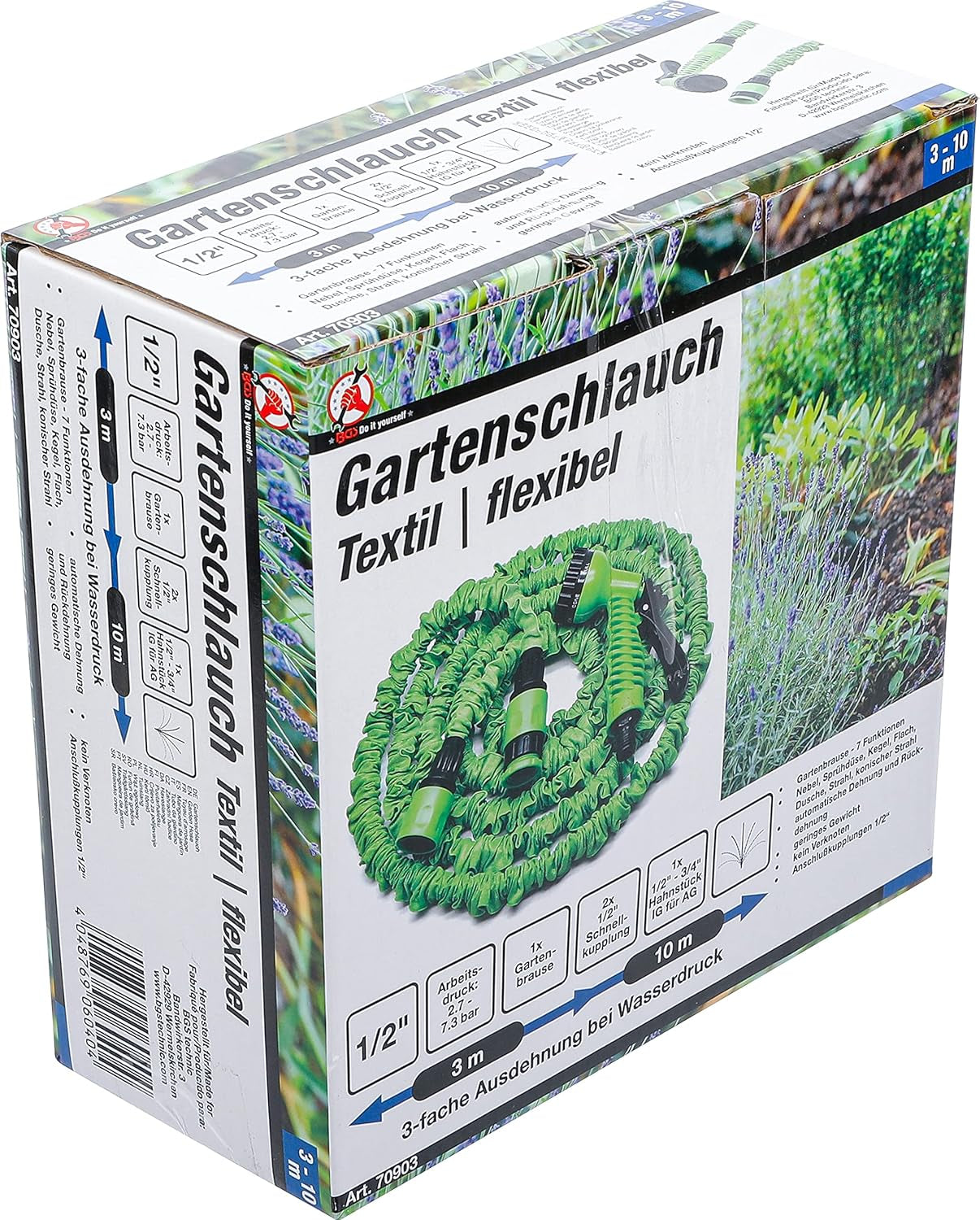 BGS bricolage 70903 | Tuyau d'eau | Textiles | Flexible | avec douche de jardin à 7 fonctions | 3-10 m