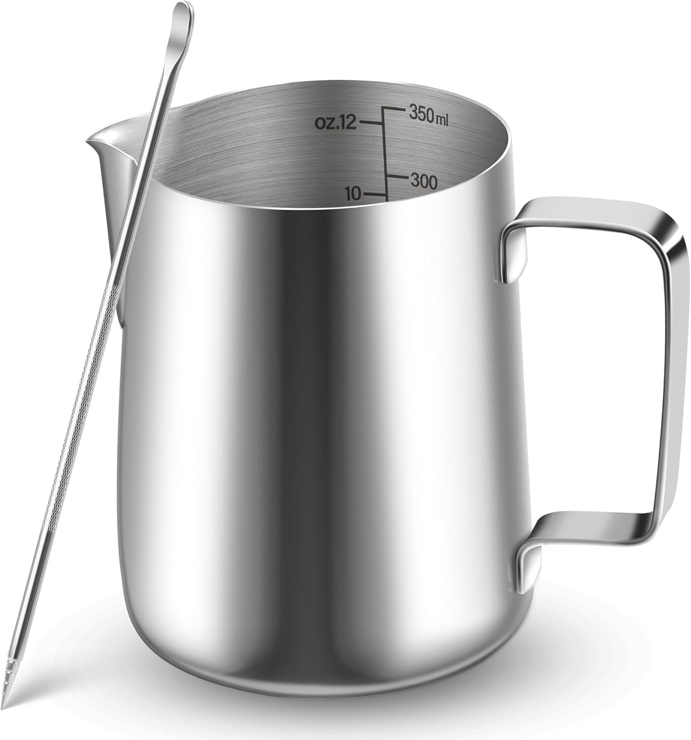 Tasse à lait, tasse à lait en acier inoxydable de 350 ml avec marque de mesure, accessoire Barista, tasse à lait pour cappuccino, expresso, latte art, amateurs de café, argent, 355 ml