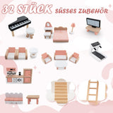 FANTASK Maison de poupée en bois, maison de poupée 7 pièces de 85 cm de hauteur avec 32 meubles et accessoires, maison de poupée avec échelle en corde, cadeau de maison de poupée pour filles de 3 ans (modèle 3) Naty Shop Dollhouses