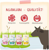 MjAMjAM - Nourriture humide de qualité supérieure pour chats - Pack bien-être au bœuf, paquet de 12 (12 x 125 g), sans céréales avec viande supplémentaire