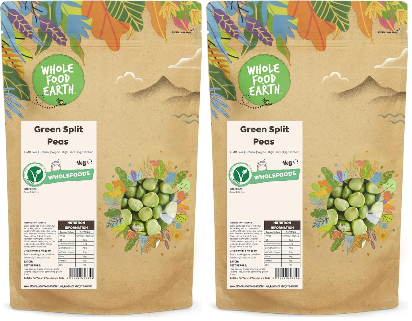 Pois verts cassés biologiques Wholefood Earth - 1 kg