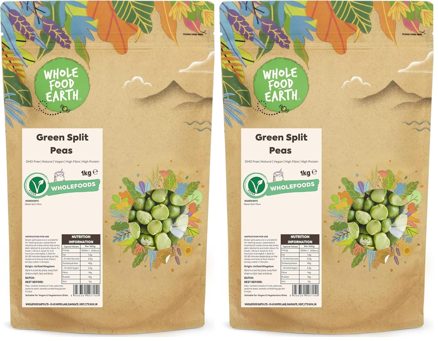 Pois verts cassés biologiques Wholefood Earth - 1 kg