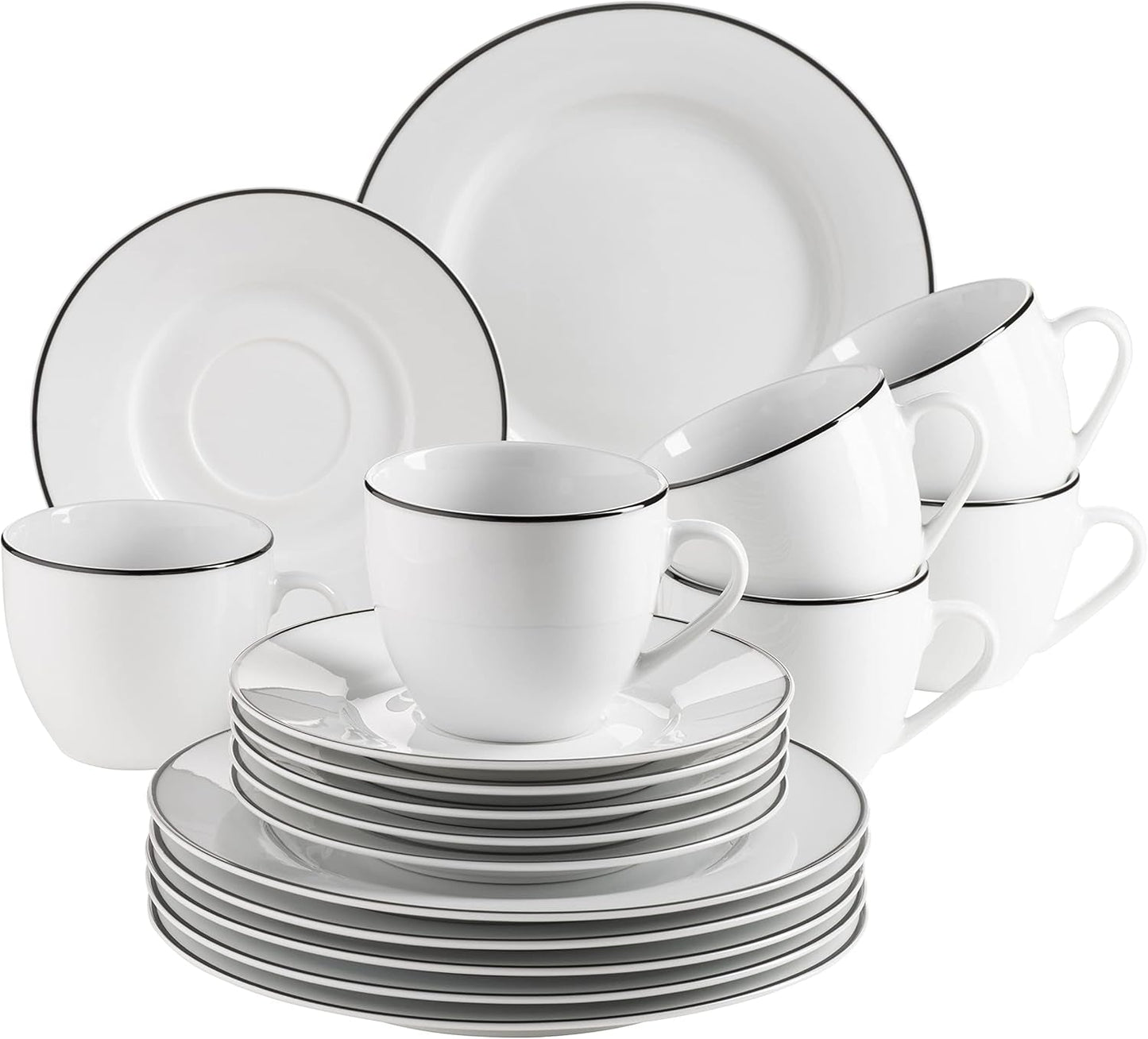 Mäser Nola Series Service à café moderne pour 6 personnes Blanc avec bord noir Service de table 18 pièces Tasses à café Soucoupes et assiettes à dessert – Service à café rond Service à café Blanc