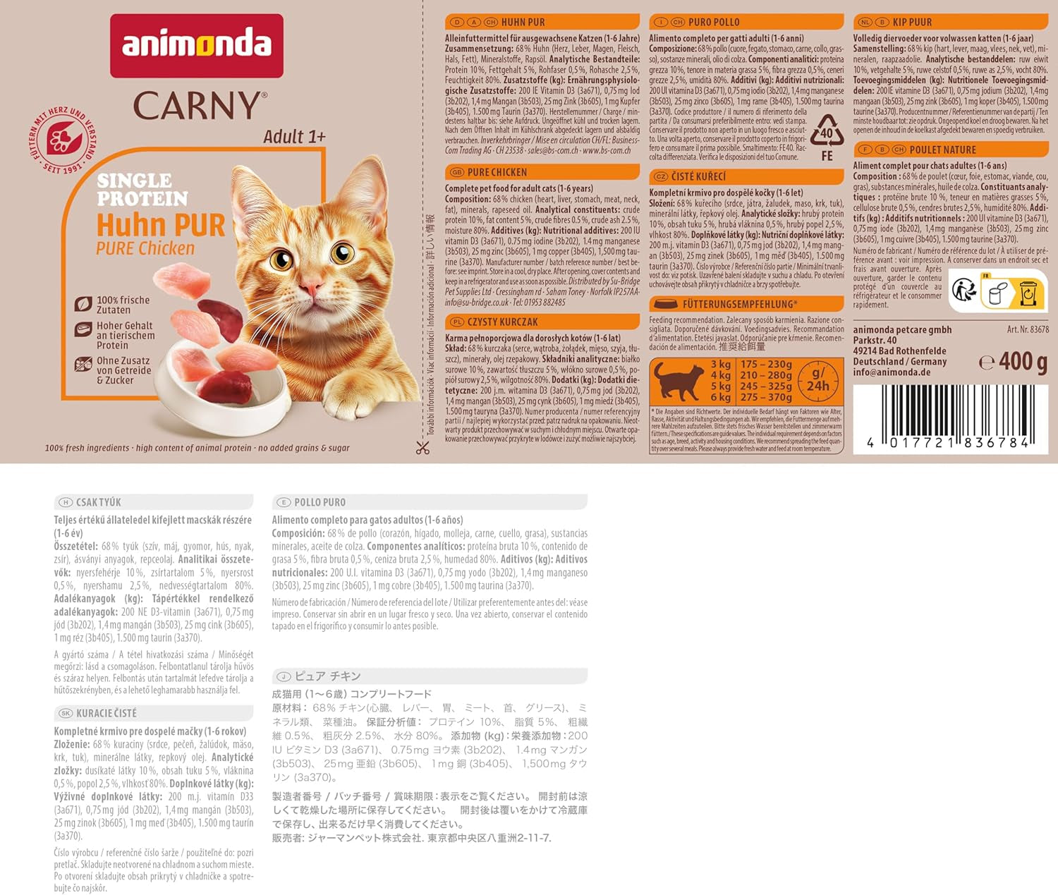 animonda Carny Adult Single Protein Pure Chicken (6 x 400g), nourriture humide pour chats adultes avec une seule source de protéines, nourriture humide pour chats adultes, sans céréales et sans sucre