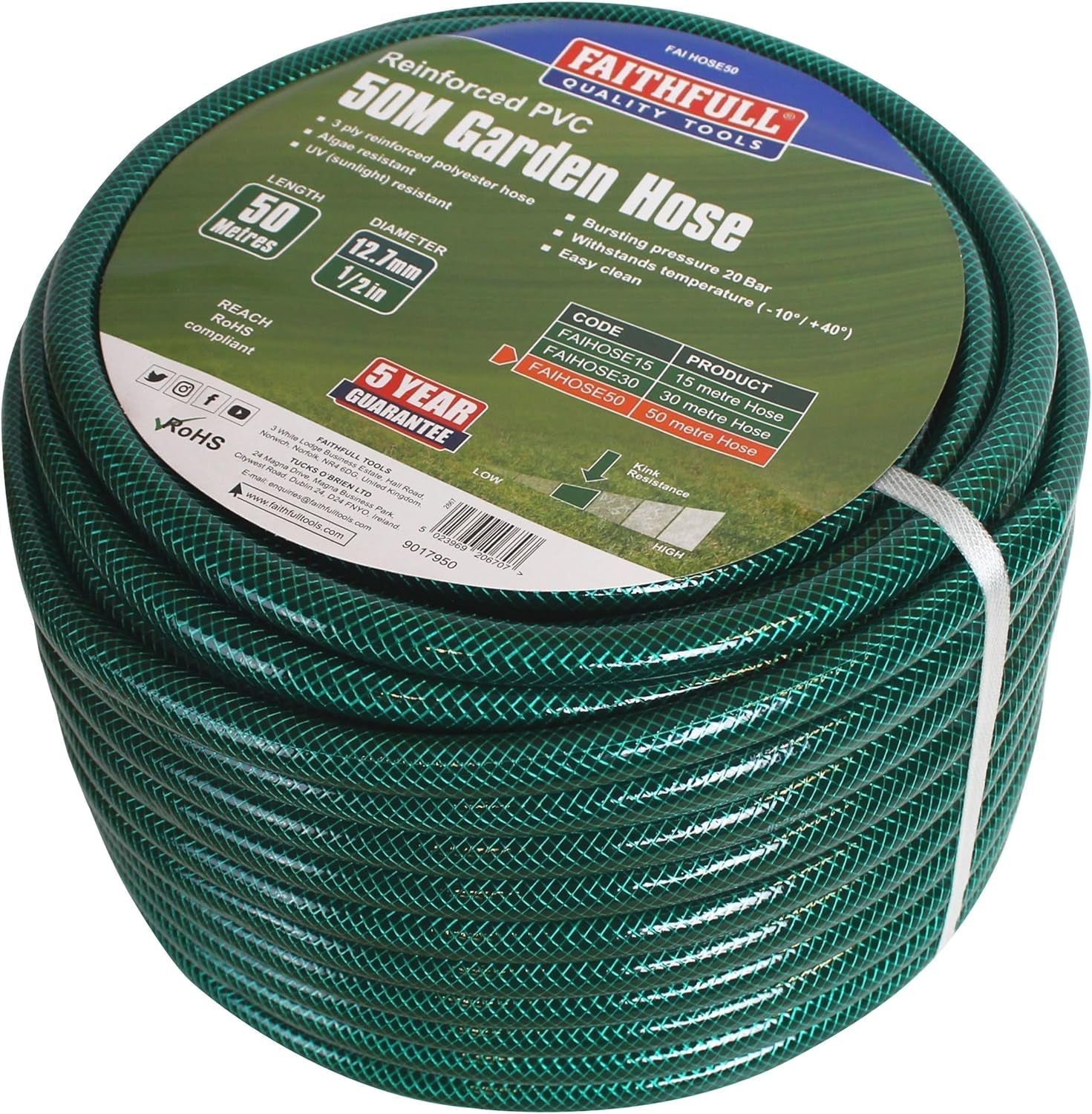 Faithfull Tuyau d'arrosage 50 m (164 pi) renforcé 12,7 mm (1/2 pouce) de diamètre - Tuyau en PVC robuste, vert