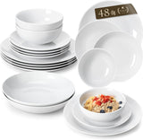 MALACASA Service de table pour 12 personnes, service de table moderne en porcelaine Amelia 48 pièces, service de table avec 12 assiettes plates, assiettes à dessert, assiettes Suma et bols à céréales, service de table moderne pour 12 personnes – Blanc