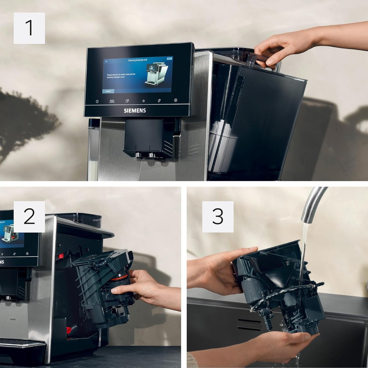 Siemens EQ900 TQ903D03 Machine à expresso automatique, contrôle par application, écran tactile intuitif, mode Barista, AromaBoost, réduction du bruit, broyeur Premium, nettoyage automatique à la vapeur, 1500 W, acier inoxydable