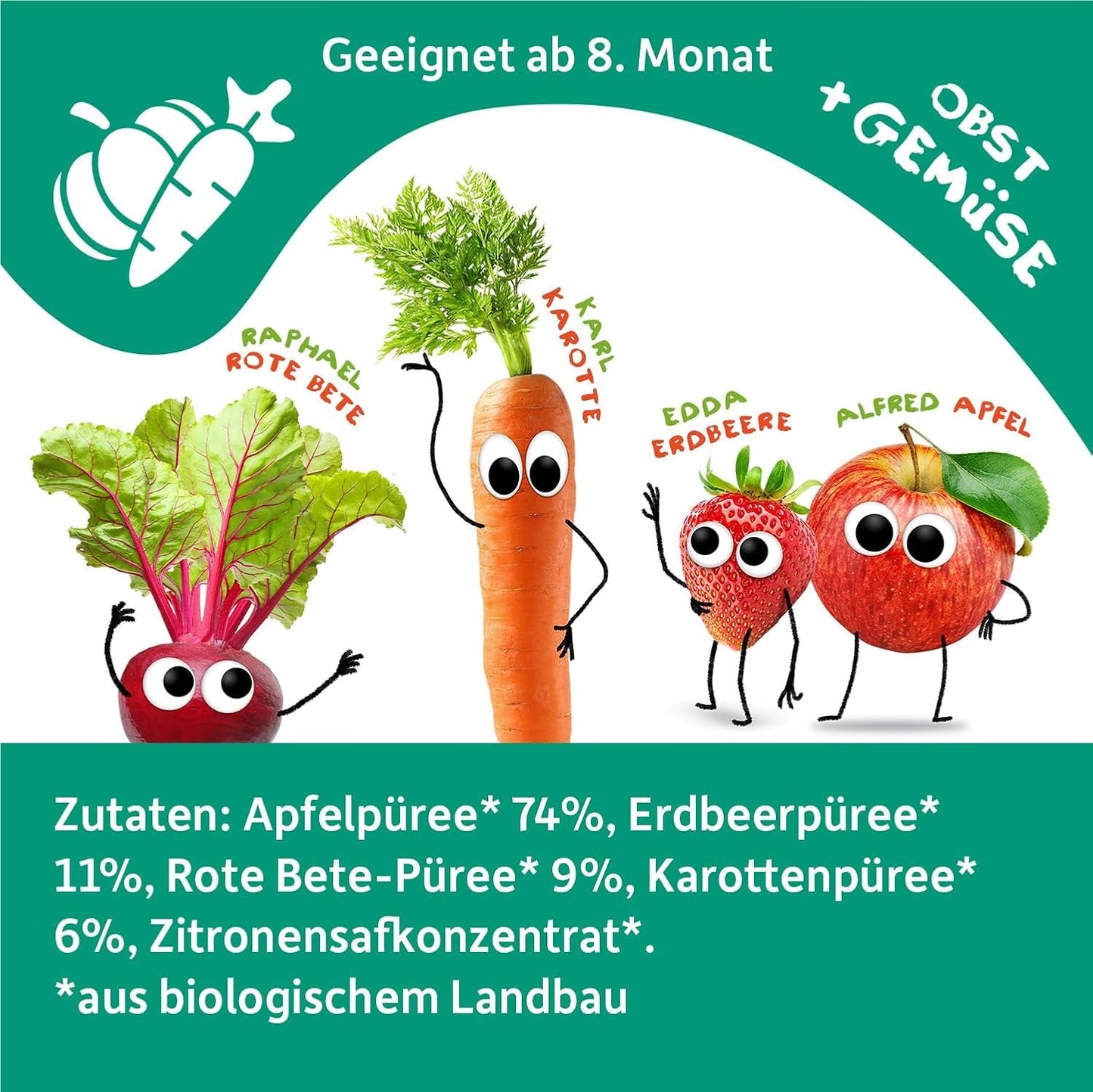 FRECHE FREUNDE Lot de 6 sachets de fruits à presser bio avec pommes, fraises, betteraves et carottes, purée de fruits et légumes dans un sachet à presser pour bébé à partir de 6 mois, végétalien, lot de 6 (6 x 100 g)
