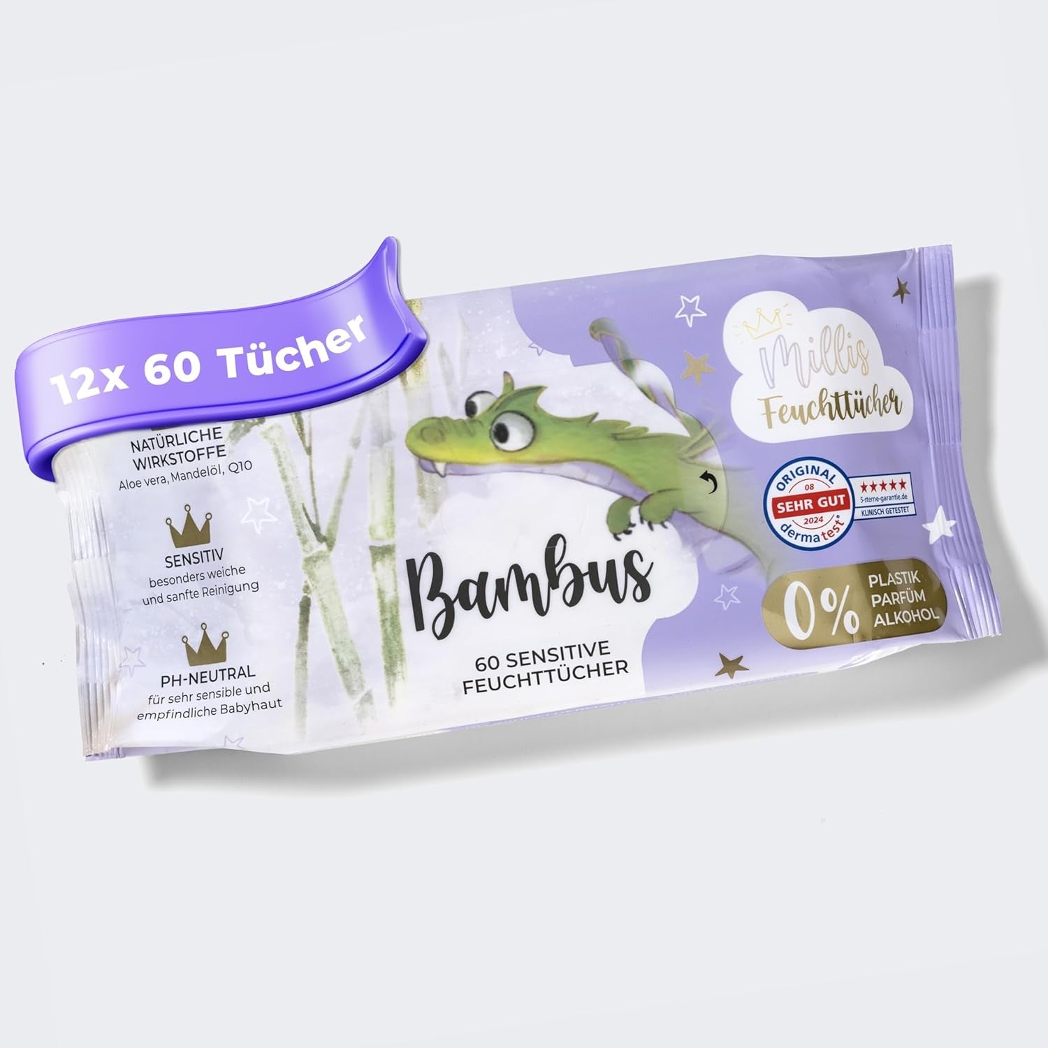 Lingettes humides Millis Bamboo Baby Sensitive pour peau délicate de bébé - 5 x 60 pièces - Nettoyage naturel, doux et durable - Lingettes bébé biodégradables, sans plastique et sans alcool