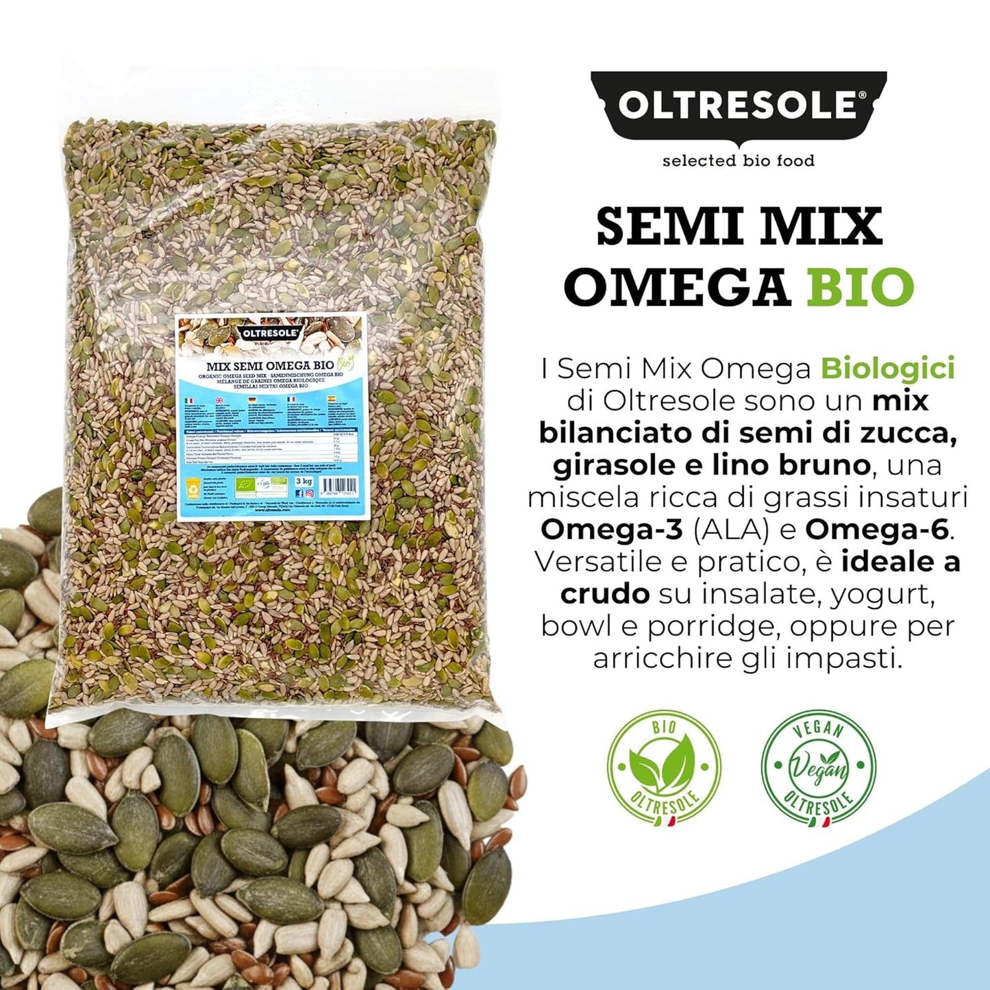 Mélange de graines Omega Bio 3 kg (mélange de graines de courge, de tournesol et de lin), un mélange de 3 graines oléagineuses brutes entières, riches en protéines, fibres et acides gras oméga-3