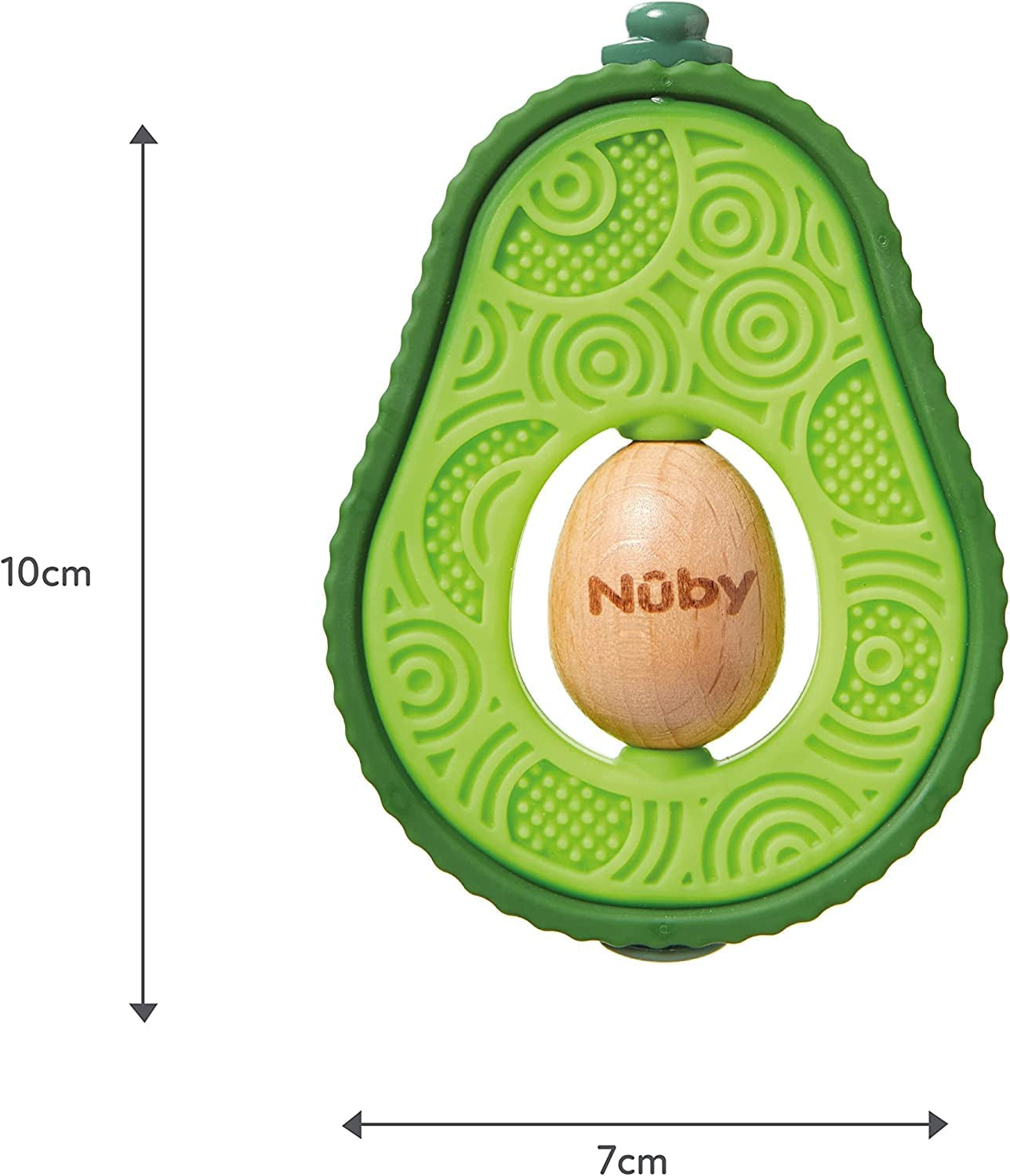 Nuby - Anneau de dentition avocat - Jouet de dentition en silicone et bois - Noyau rotatif en bois - Jouet de dentition pour bébés et tout-petits - Aide à la dentition - Sans BPA - 6 mois et plus