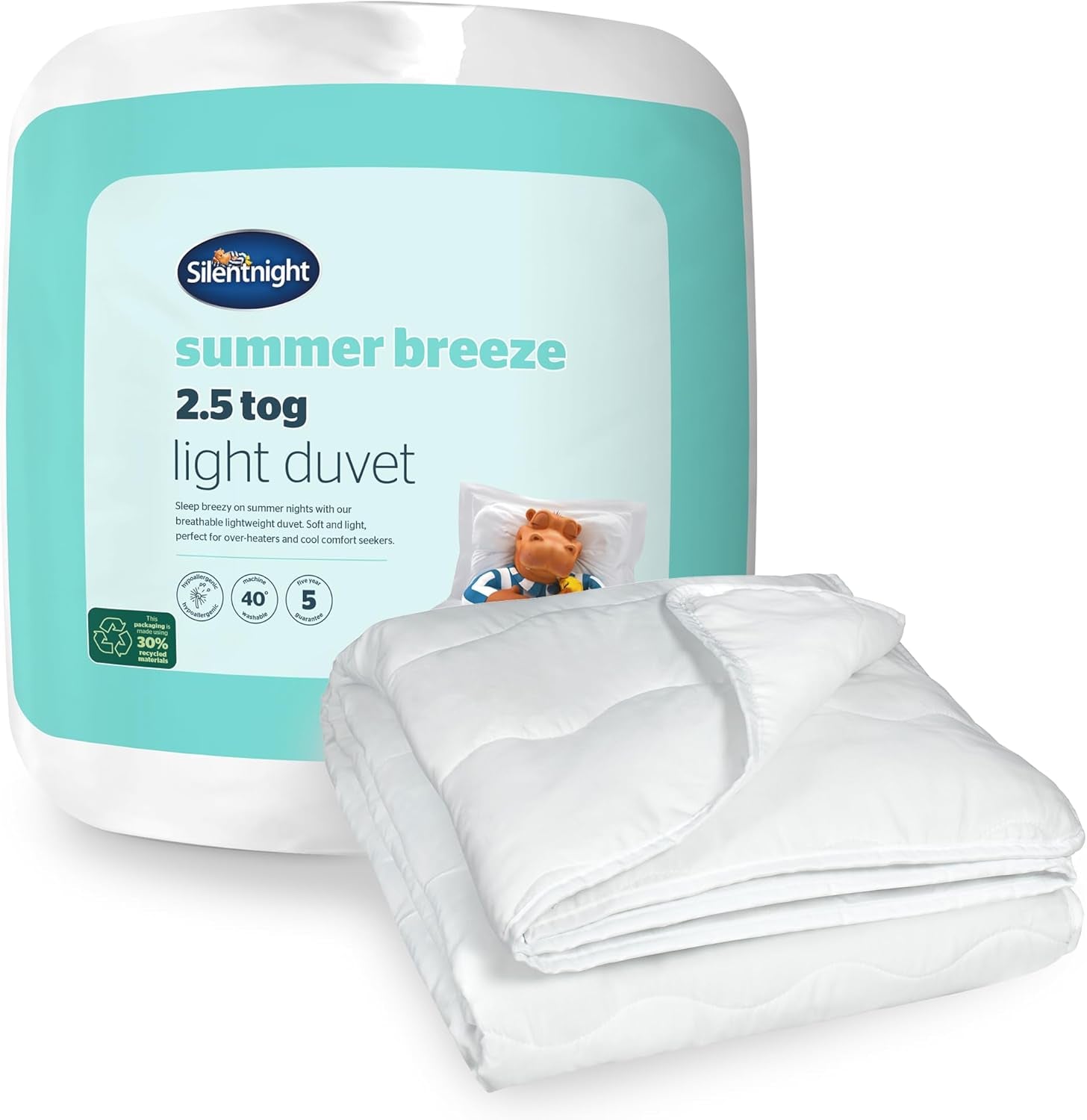 Couette d'été Silentnight Summer Breeze pour lit simple, 2,5 tog, couette d'été légère, idéale pour les nuits chaudes et les chambres chaudes, hypoallergénique et lavable en machine, lit simple, 200 x 135 cm Naty Shop Couettes et couettes standard blanc pour lit simple