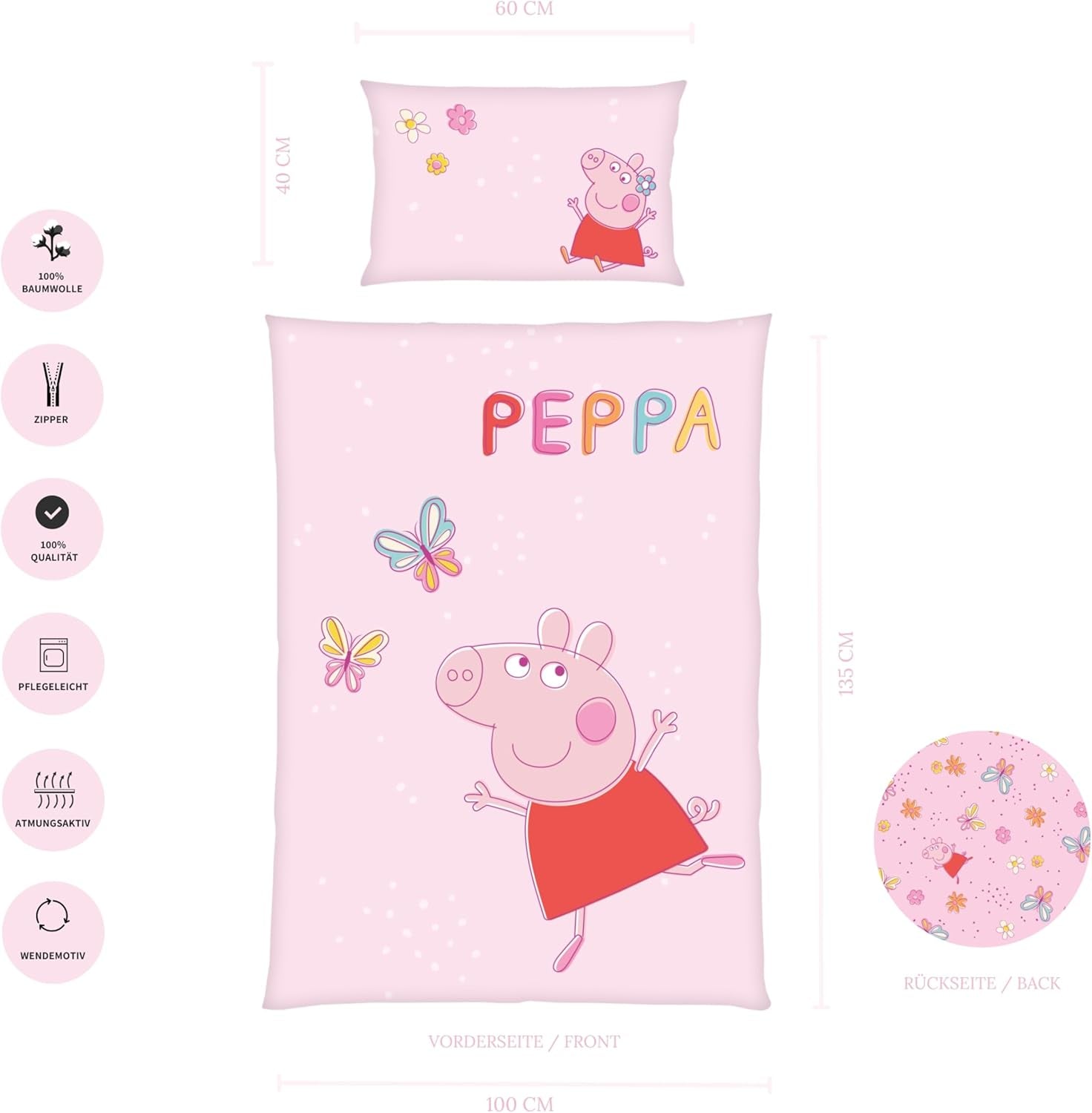 Parure de lit enfant Peppa Pig, 100 x 135 cm et 40 x 60 cm, literie en coton - enfant Naty Shop