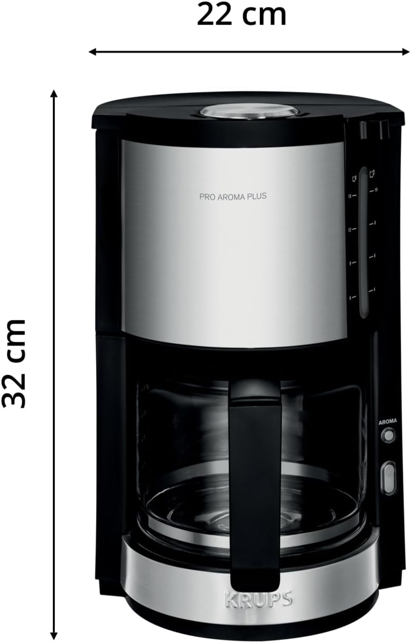 Krups KM3210 Pro Aroma Plus Machine à expresso, 10 tasses, 1,25 L, maintien au chaud pendant 30 minutes, fenêtre de niveau d'eau visible, système anti-goutte, noir avec applications en acier inoxydable