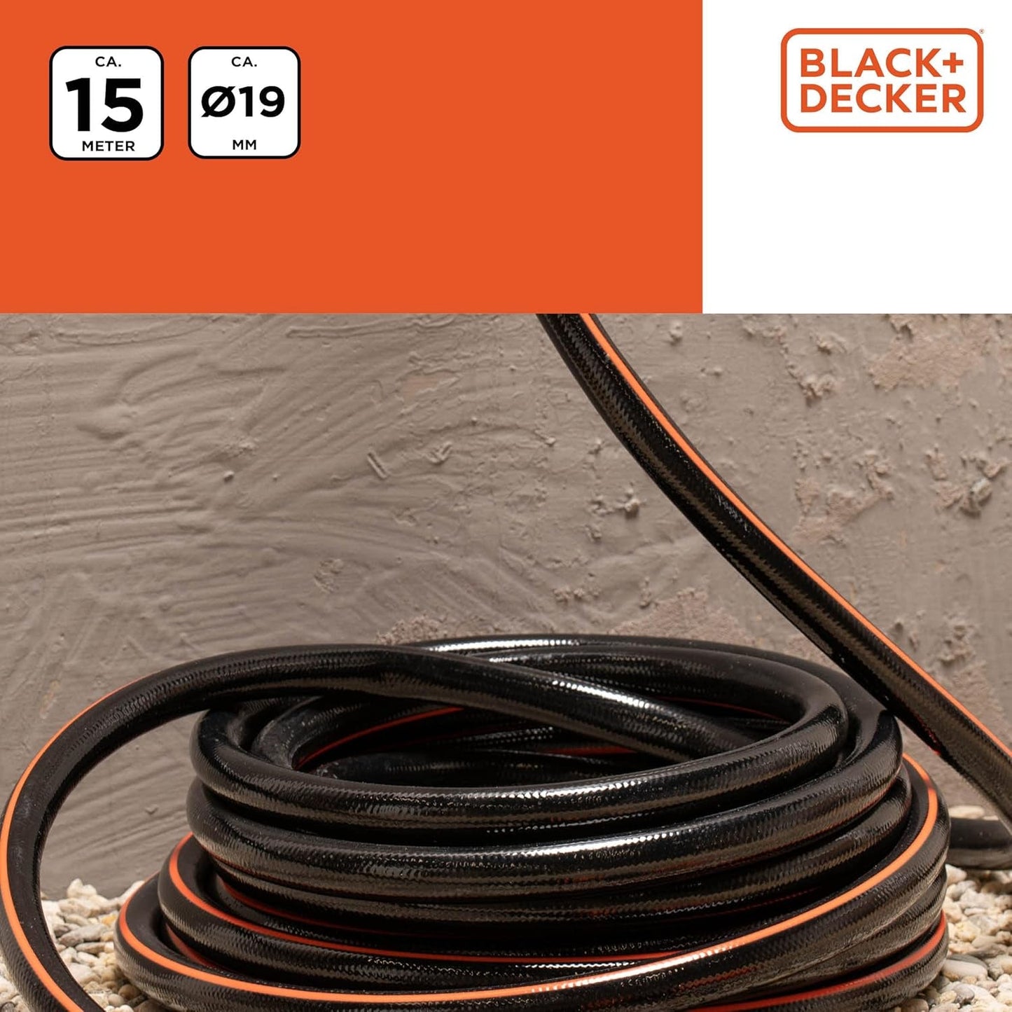 Tuyau d'arrosage BLACK+DECKER 15 mètres - Ø19MM - PVC résistant - Arrosage du jardin, lavage de la voiture, remplissage de la piscine - Compatible avec tout robinet standard - Noir/Orange