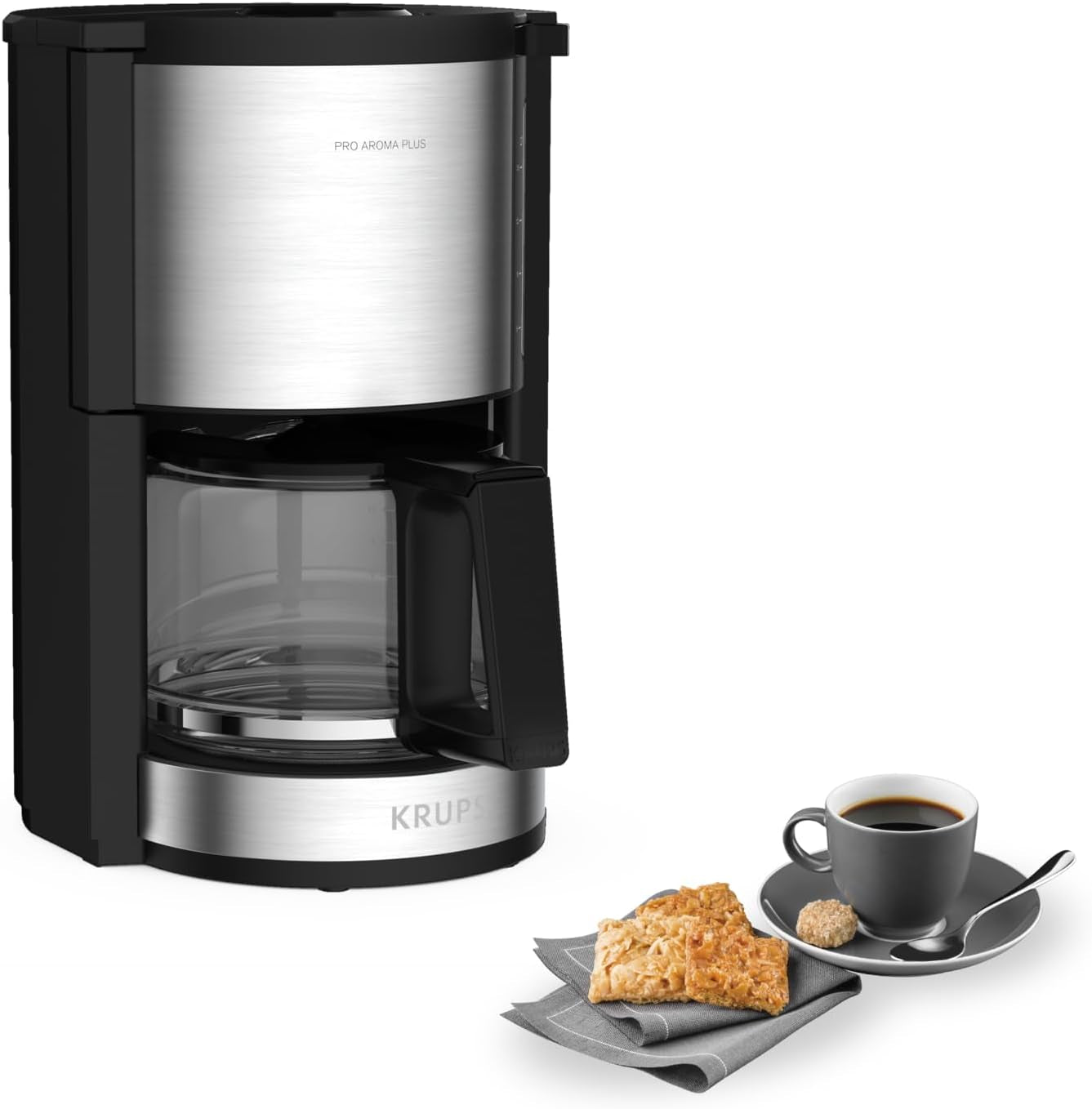 Krups KM3210 Pro Aroma Plus Machine à expresso, 10 tasses, 1,25 L, maintien au chaud pendant 30 minutes, fenêtre de niveau d'eau visible, système anti-goutte, noir avec applications en acier inoxydable