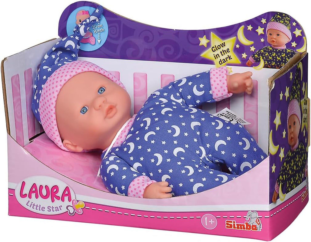 Simba 105010010 - Poupée au corps doux Laura Little Star dans une jolie robe et un chapeau lumineux avec lune et étoiles 20 cm Poupée lumineuse à partir de 12 mois