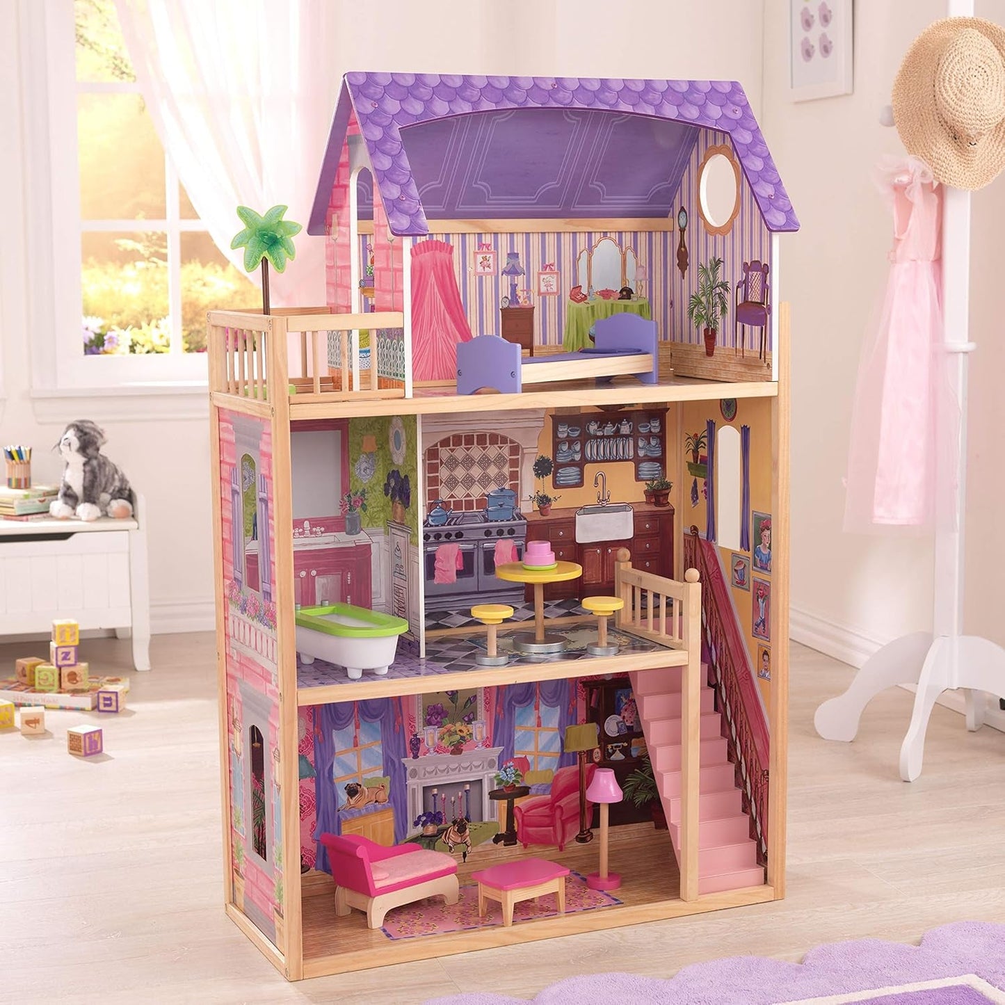 KidKraft Kayla Maison de poupée en bois avec meubles et accessoires, ensemble de jeu à 3 niveaux pour poupée de 30 cm, jouet pour 3 ans et plus, 65092 - Exclusivement sur Amazon
