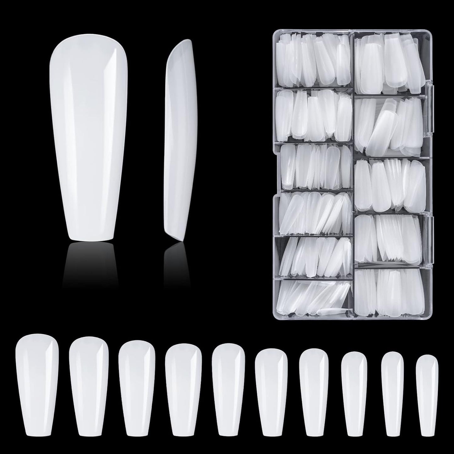 Types d'ongles, 500 pièces de faux ongles artificiels en acrylique avec boîte de rangement pour salons de manucure et bricolage à domicile, 10 tailles