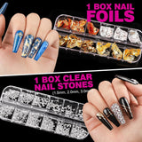 FANDAMEI 54 Blätter Wassertransfer Nagelsticker & Nail Art Pinsel Set, Stylos à pointillés, Blattgold pour l'art de l'art, bande de strass, strass, travail et décoration, ensemble pour l'art de l'art