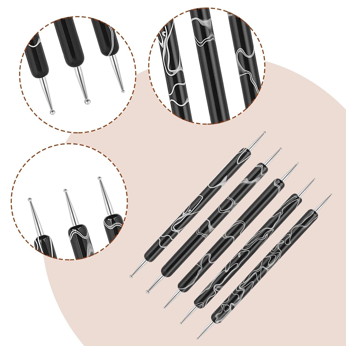 5 pièces d'outils de pointage de conception d'ongles, outil de travail de peinture, pointe de broche, outil de marbrage, outil de marbrage pour manucure de vernis à ongles, noir