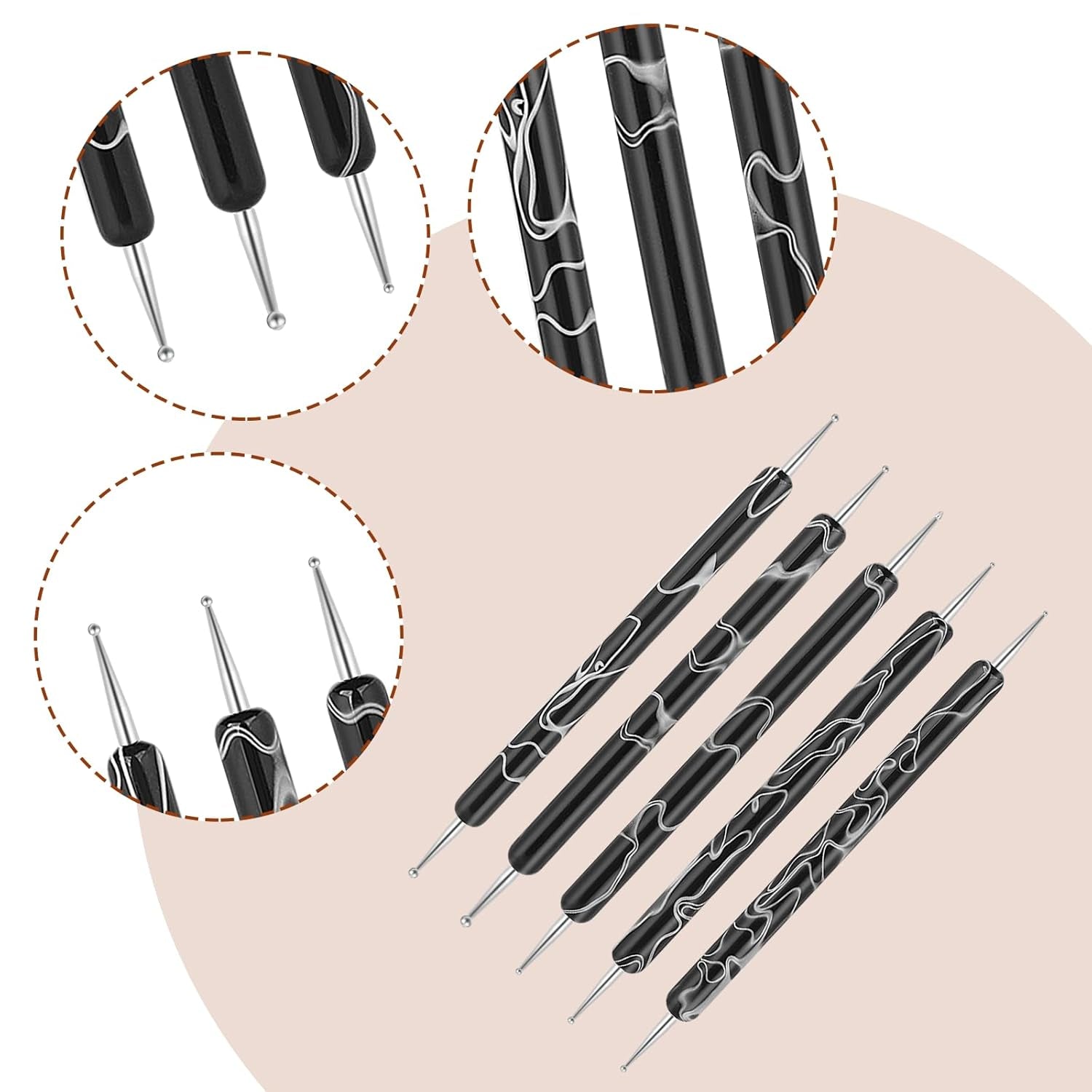 5 pièces d'outils de pointage de conception d'ongles, outil de travail de peinture, pointe de broche, outil de marbrage, outil de marbrage pour manucure de vernis à ongles, noir
