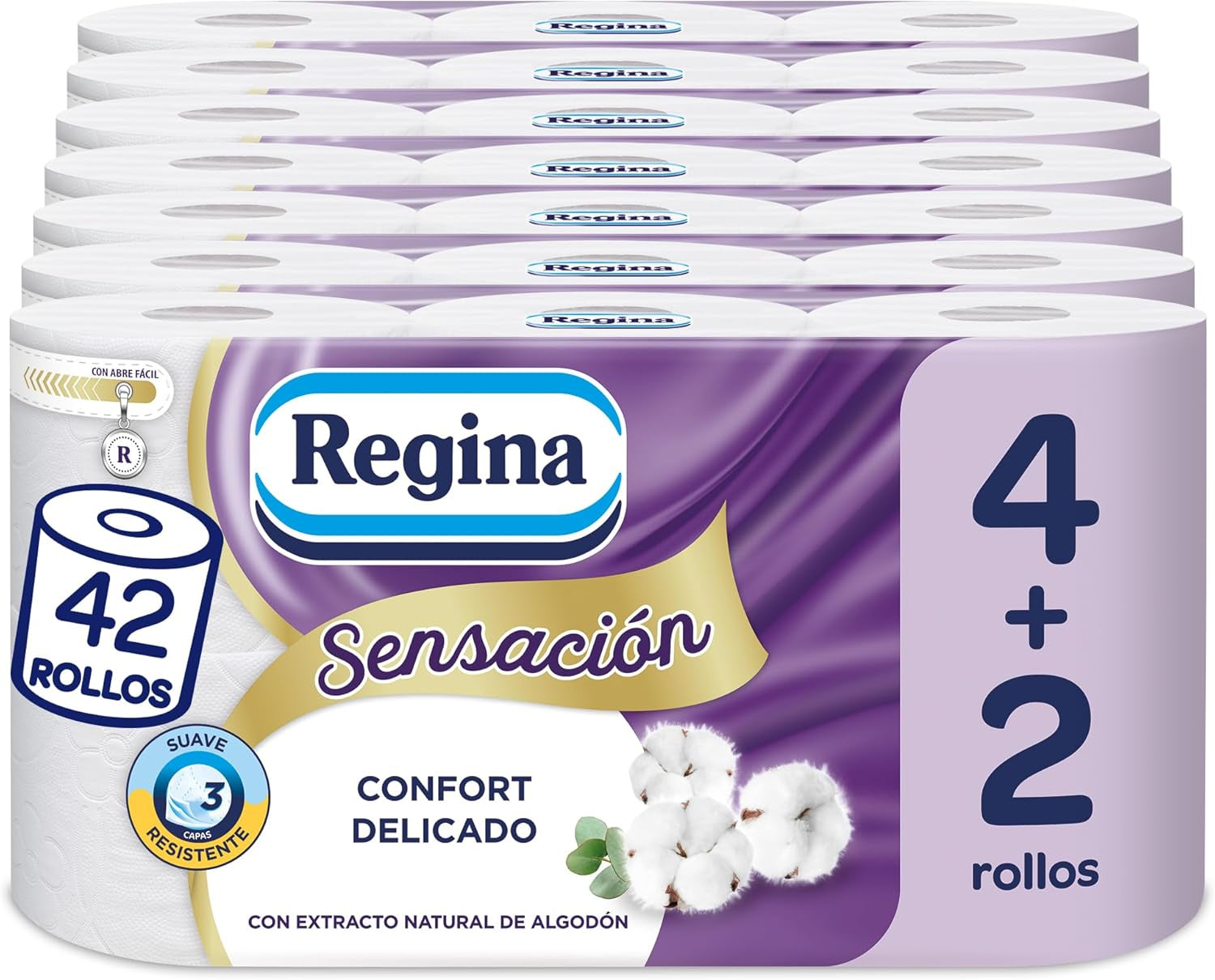 Regina Feeling - 42 rouleaux de papier toilette, 175 feuilles à trois couches, extrait naturel de coton et parfum délicat, emballage en plastique recyclé à 60%, papier certifié 100% Fsc