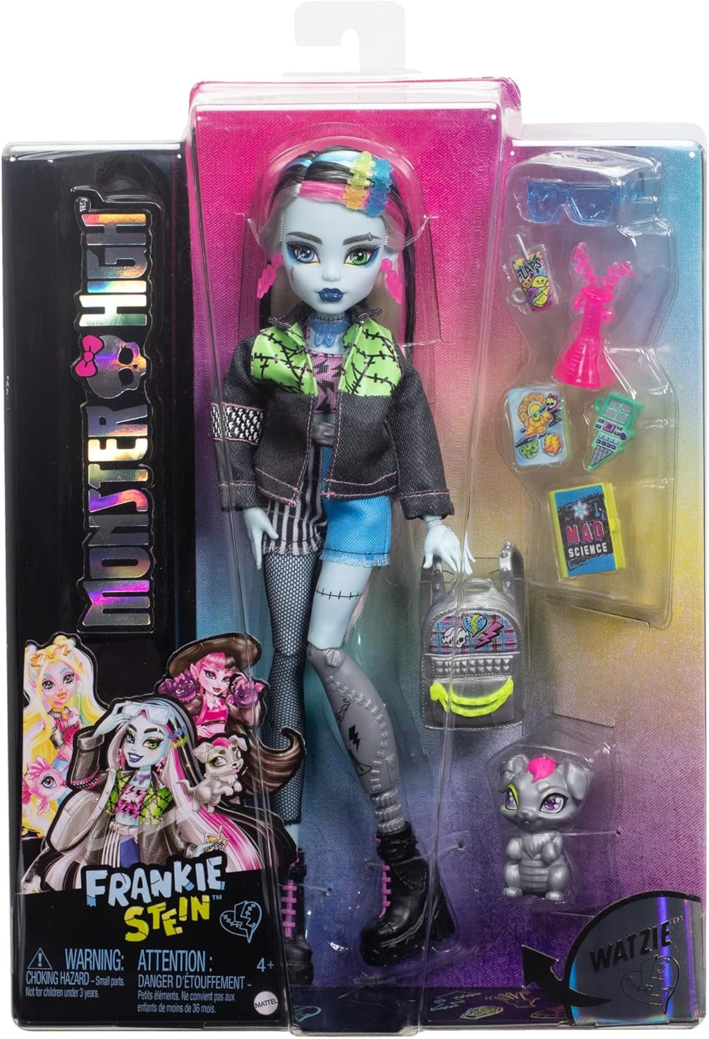 Poupée Monster High Frankie Stone en veste en jean et short, comprend un chien Watzie et des accessoires tels qu'un sac à dos, une collation et un carnet, HXH73 Naty Shop Dolls