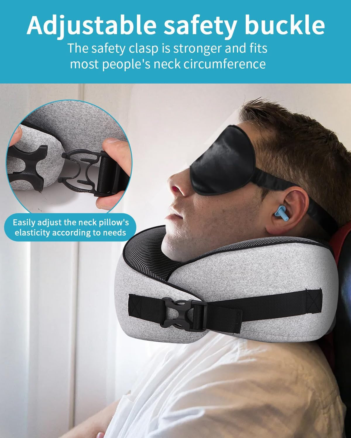 Oreiller cervical d'avion, oreiller de voyage en mousse à mémoire de forme, oreiller cervical pour adulte, oreiller d'avion réglable et lavable, oreiller de voyage ergonomique (gris) Oreillers orthopédiques cervicaux Naty Shop