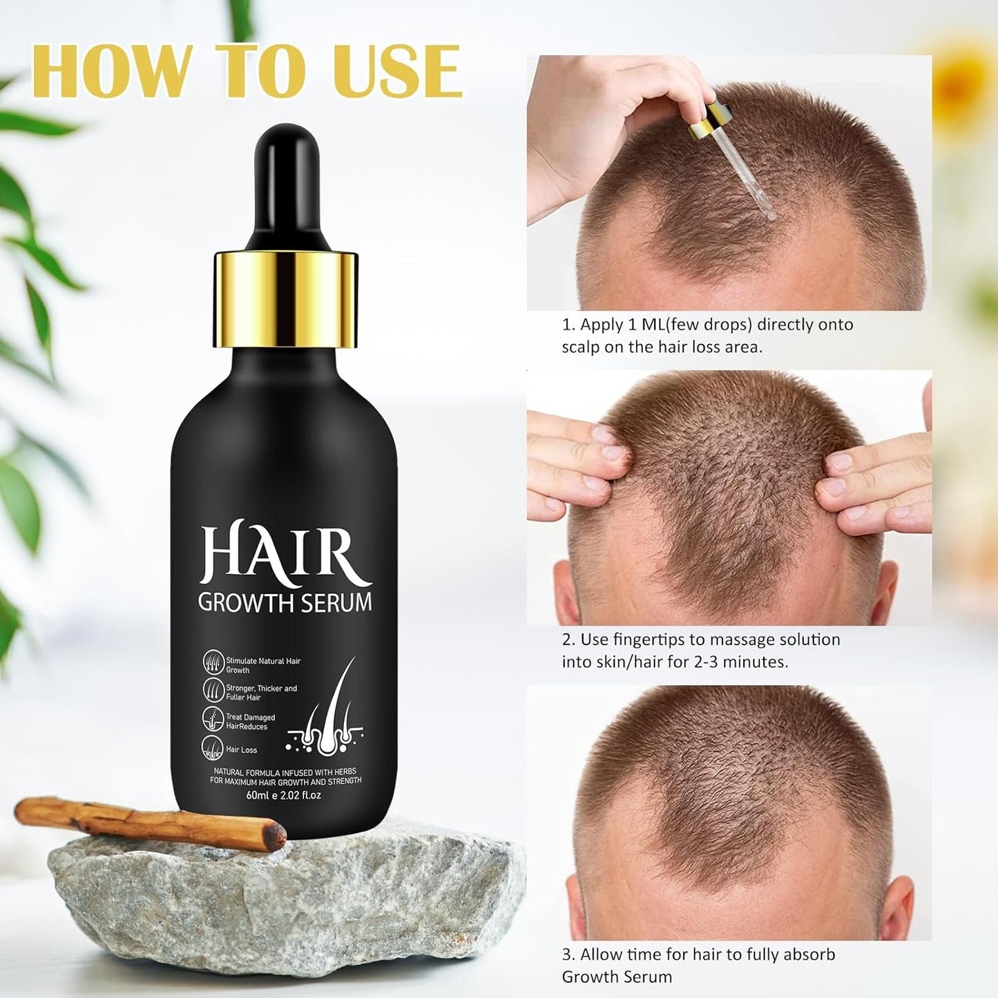 Huile de Croissance Capillaire Bio 5% - Solution Usage Externe - Croissance et Épaississement des Cheveux - Pour Chute de Cheveux Masculine et Cheveux Clairsemés - Réactive les Follicules Rétrécissants - Distributeur à Pompe Précis, 60ml Soin Capillaire Naty Shop