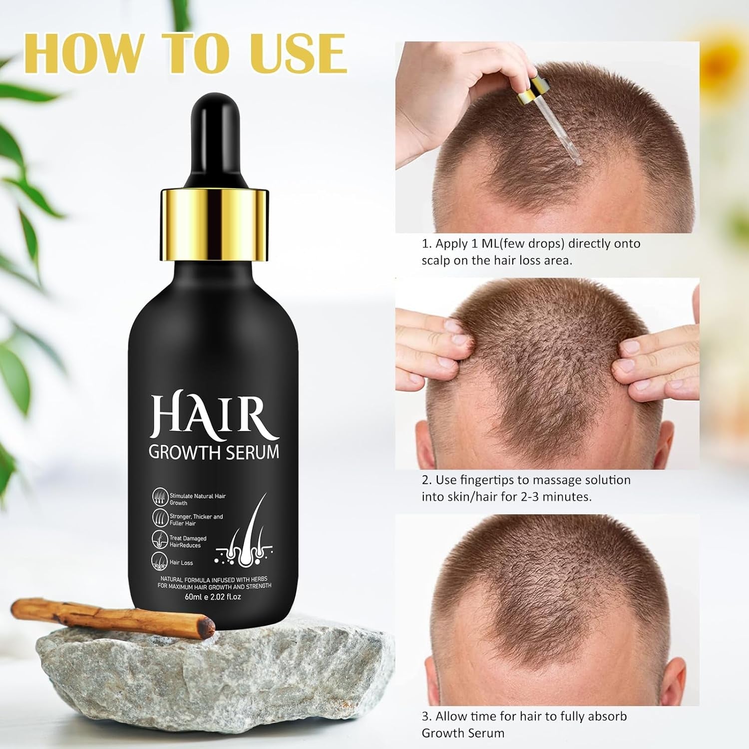 Huile de Croissance Capillaire Bio 5% - Solution Usage Externe - Croissance et Épaississement des Cheveux - Pour Chute de Cheveux Masculine et Cheveux Clairsemés - Réactive les Follicules Rétrécissants - Distributeur à Pompe Précis, 60ml Soin Capillaire Naty Shop
