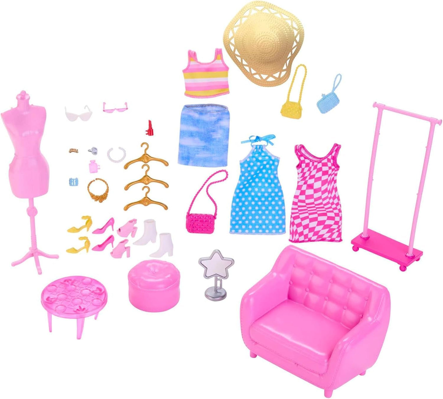 Barbie - Ensemble poupée mannequin et armoire avec vêtements, accessoires et meubles de salon, coiffure longue durée pour enfants à partir de 3 ans, HPL78