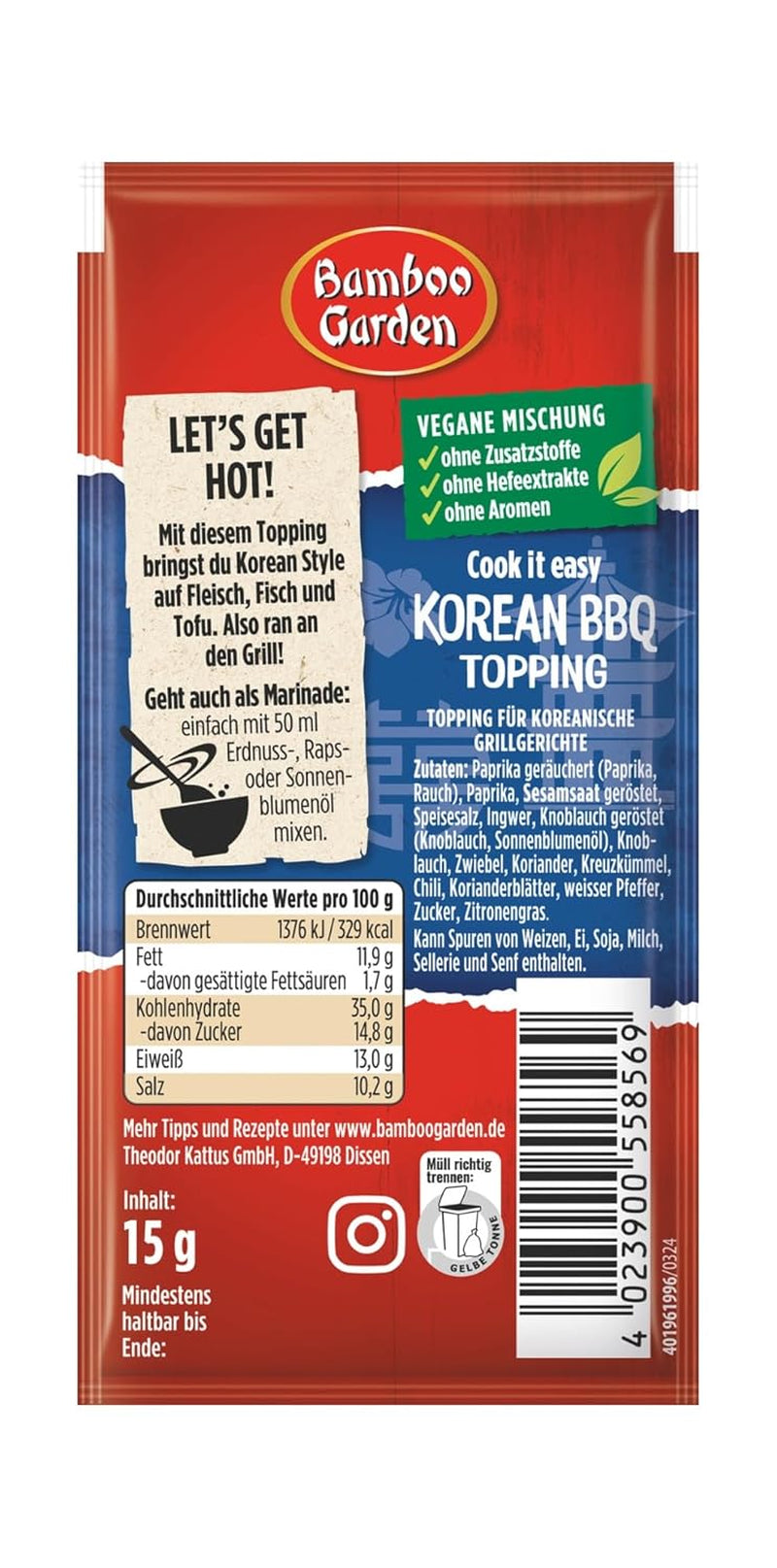 Bamboo Garden - Garniture barbecue coréenne | Gewürztopping zum Verfeinern von Koreanischen Grillgerichten | Ingrédients végétaliens et naturels | 15 g en sachet