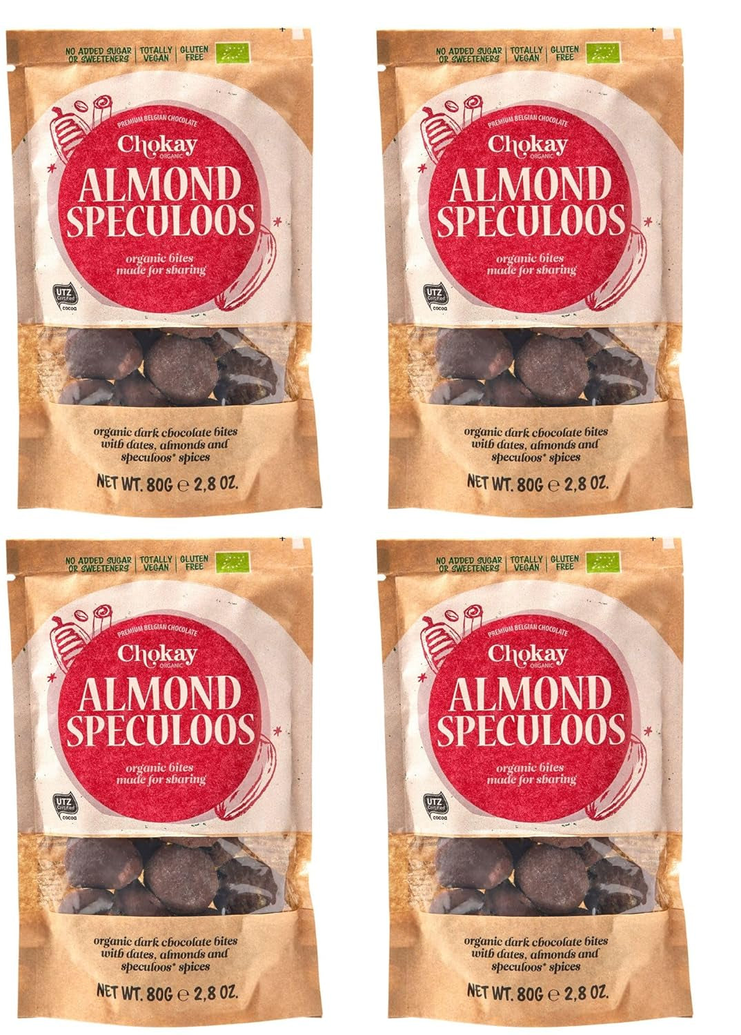 Ensemble de 4 bouchées biologiques - Amandes à la cannelle/Amandes à la cannelle dans du chocolat noir belge/Sans sucre ajouté, sans édulcorants/VEGAN & FAIR COMMERCE / 4 x 85g