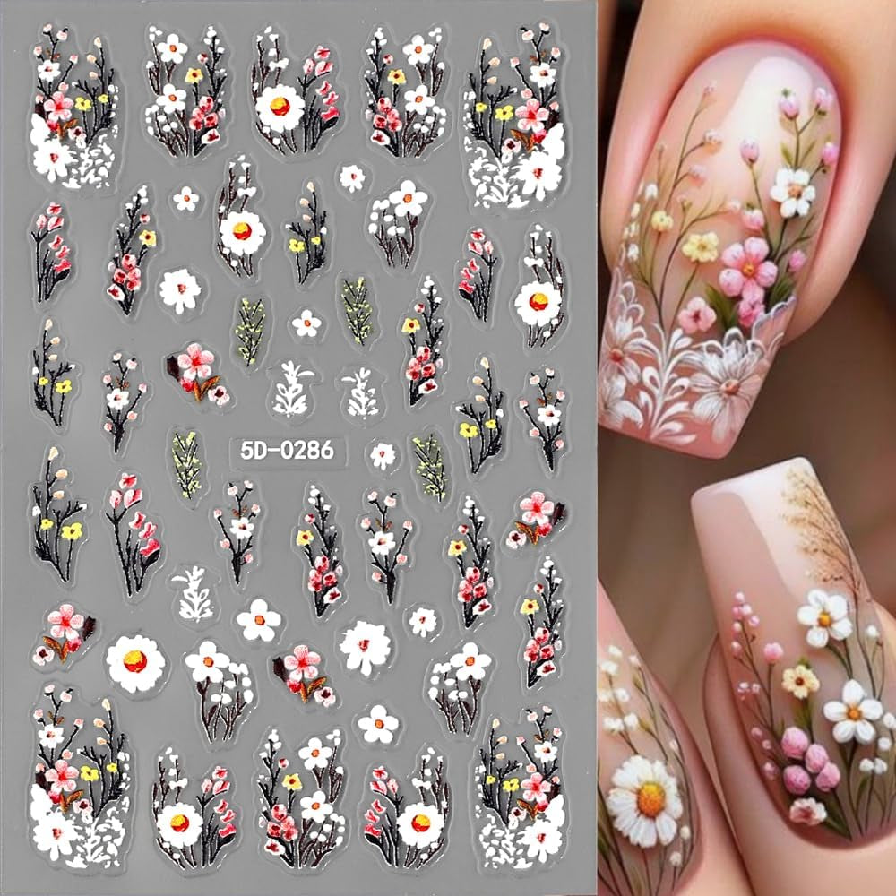 Autocollants pour ongles fleur de prunier, autocollants pour ongles fleur rose blanche, autocollants pour ongles fleur en relief, autocollants pour ongles fleur printemps été, dessins d'ongles, accessoires pour ongles, art des ongles