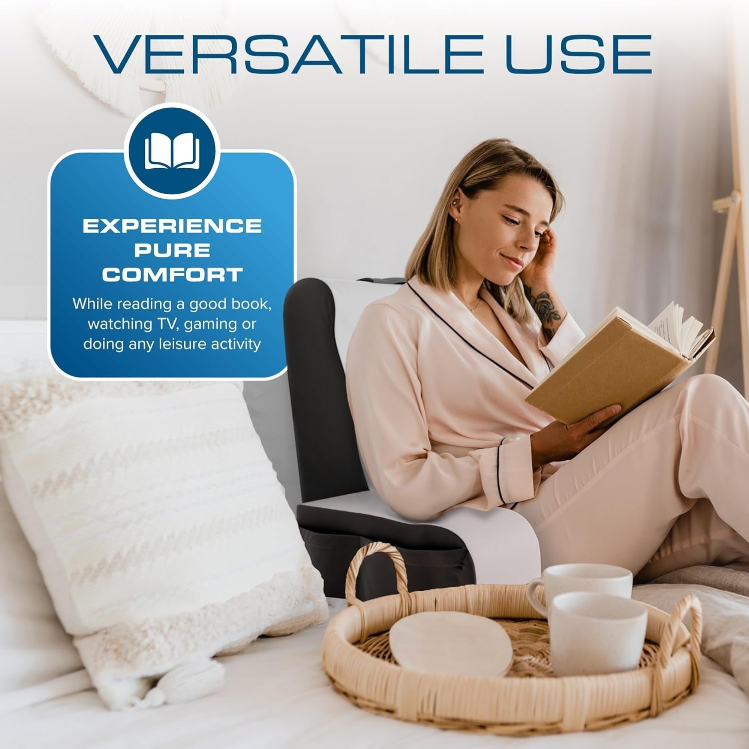 Oreiller de lecture compensé, oreiller de dossier de lit, oreiller de bras pour télévision, livres, jeux, chambre à coucher, soutien du dos (gris/blanc, standard)