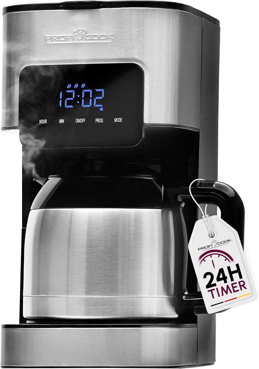 Machine à café Profi Cook | 8-10 tasses | Minuterie | Commandes tactiles à capteur | Carafe thermos à double paroi de 1,2 litre | Sceau de saveur | Cafetière filtre en inox | PC-KA 1191