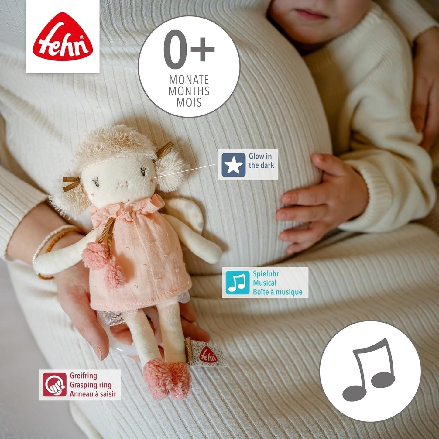 Fehn mini boîte à musique fée - peluche et aide-sommeil : boîte à musique à remontage avec la douce mélodie "Le Lac des Cygnes" apaise dans toutes les situations - pour les bébés et les jeunes enfants à partir de 0 mois Jouets Bebe Naty Shop