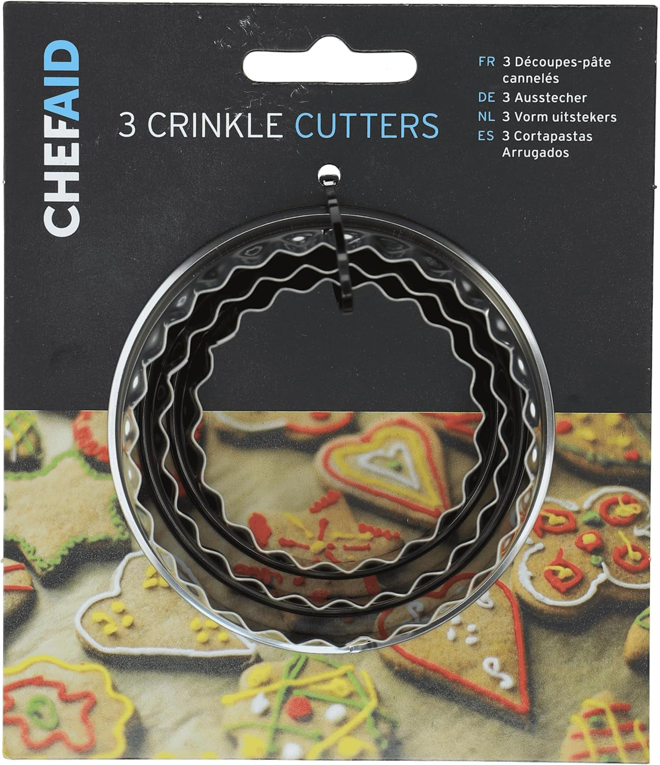 Lot de 3 moules à biscuits Chef Aid : emporte-pièces pour biscuits, scone, gâteaux, mini quiches et pâtes, idéaux pour la pâtisserie maison, la décoration de gâteaux, le fondant, les cercles cannelés en acier inoxydable.