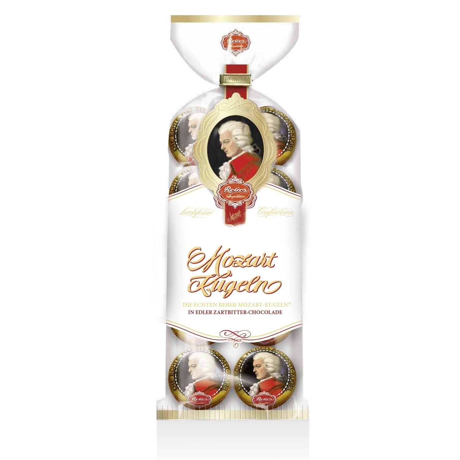 Reber Mozart Balls - Sachet de Confiserie de 8 Pièces - Véritables Boules Reber Mozart Chocolat Noir, Massepain & Nougat - 1 x 160g