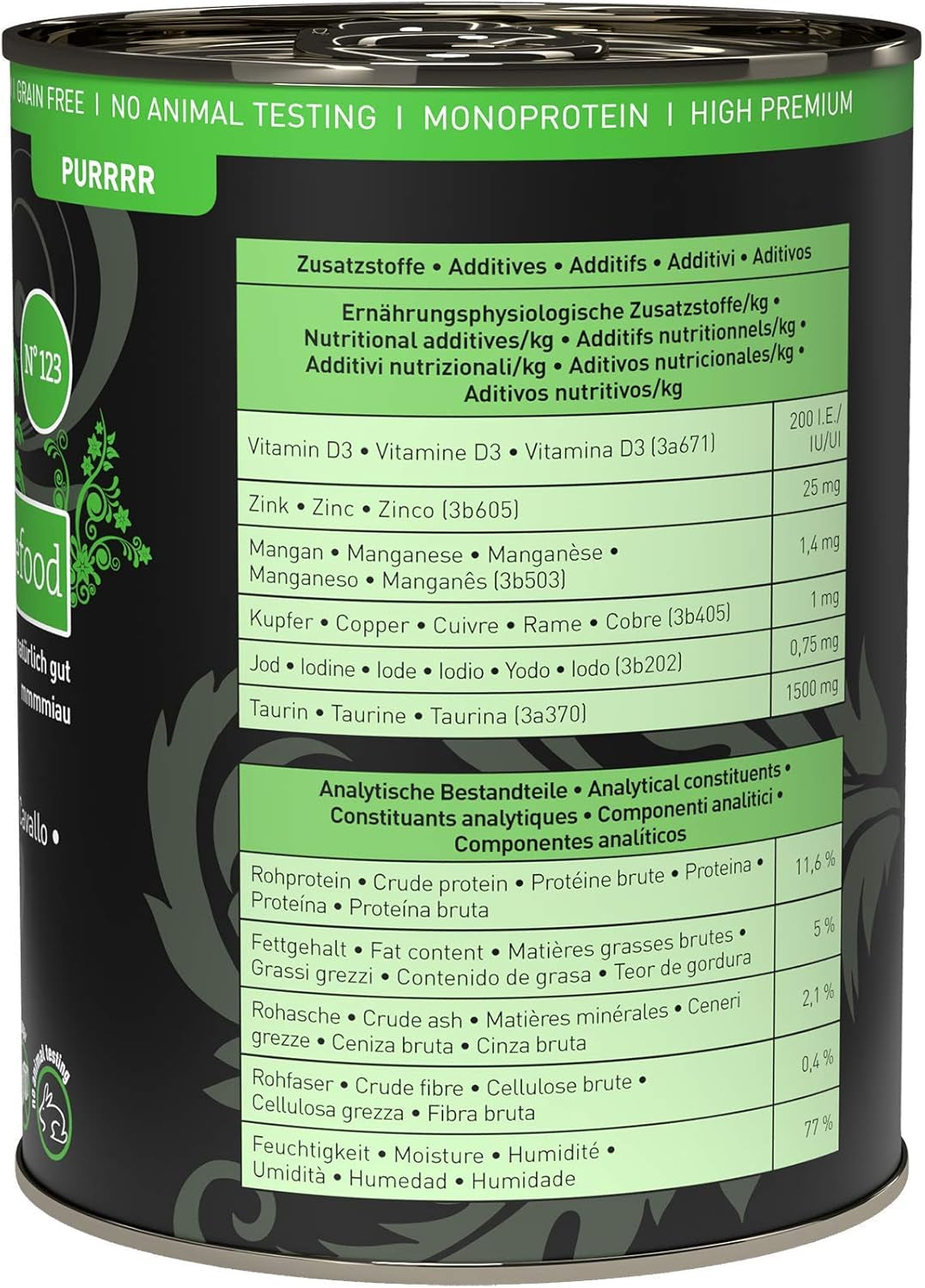 Nourriture humide pour chats Catz Finefood Purrrr Horse Monoprotein no. 123, pour chats à digestion sensible, 70% de viande, 6 boîtes x 400 g