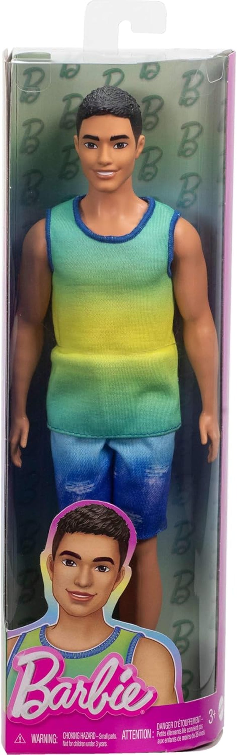 Poupée Ken Barbie Fashionistas no. 236 avec cheveux noirs, débardeur ombré bleu sarcelle, short en jean et baskets argentées, HYV00