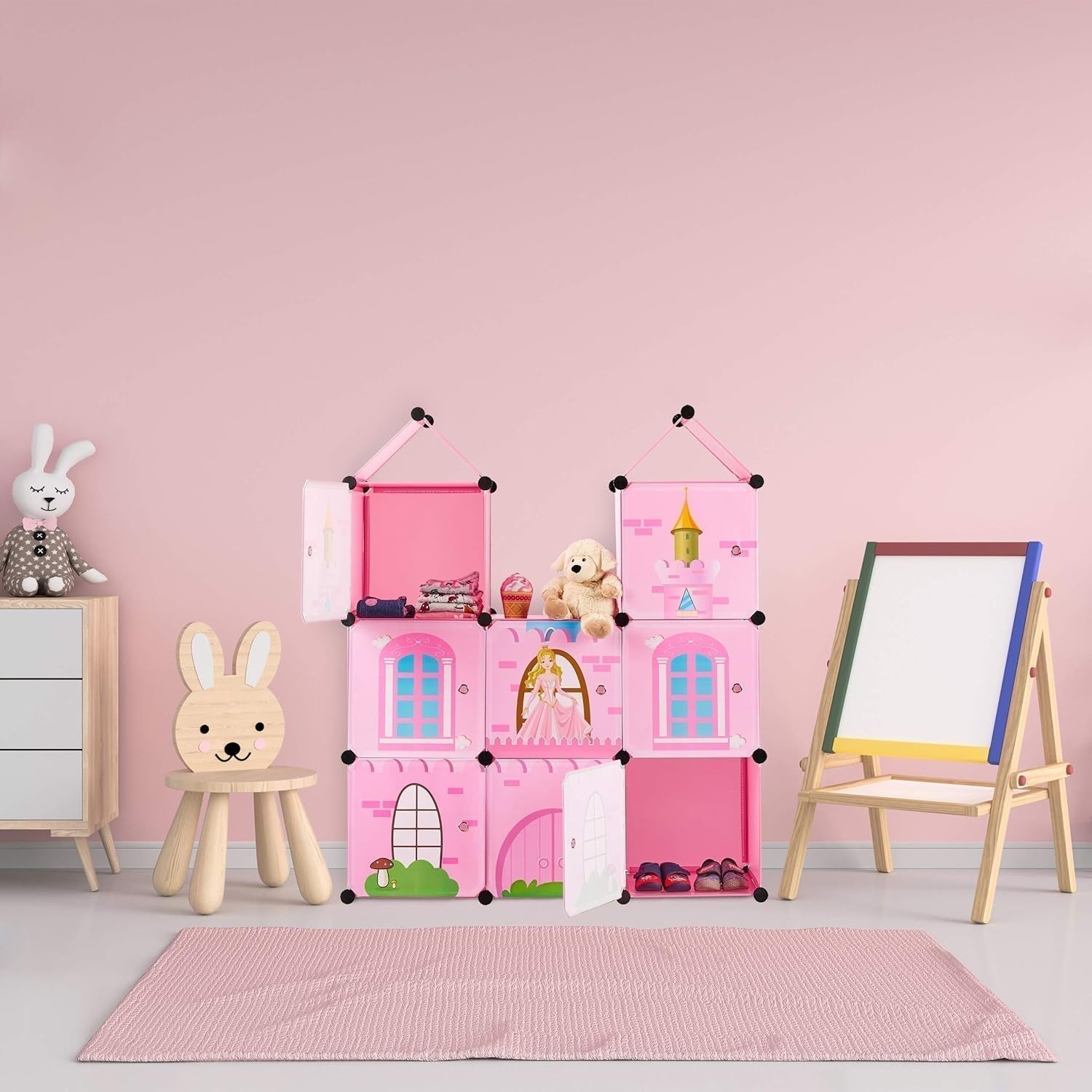 Relaxdays Etagère chambre enfant, château de princesse, plastique, meuble DIY avec portes, HBT : 128 X 110 X 37 Cm, rose Naty Shop Dollhouses