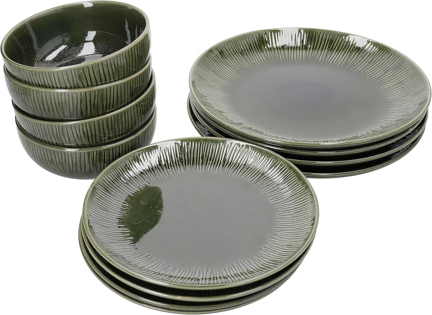 Mikasa Jardin Service de table 12 pièces, service de table en grès pour 4 personnes avec assiettes, assiettes latérales et bols, vert – Coffret cadeau et passe au lave-vaisselle
