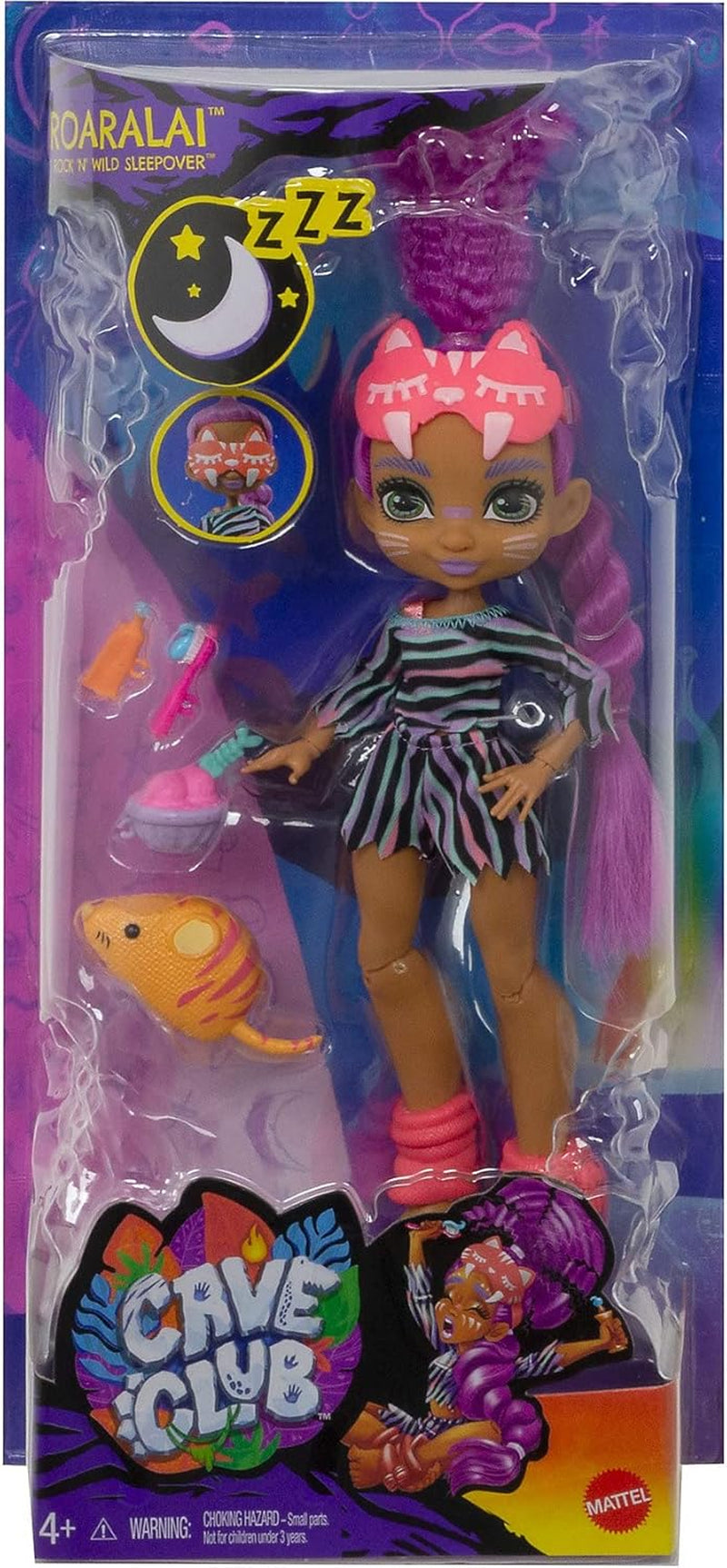 Cave Club GTH02 - Poupée amusante Roaralai Pyjama Party, poupée articulée avec cheveux violets et accessoires, cadeau pour enfants de 4 ans et plus, multicolore