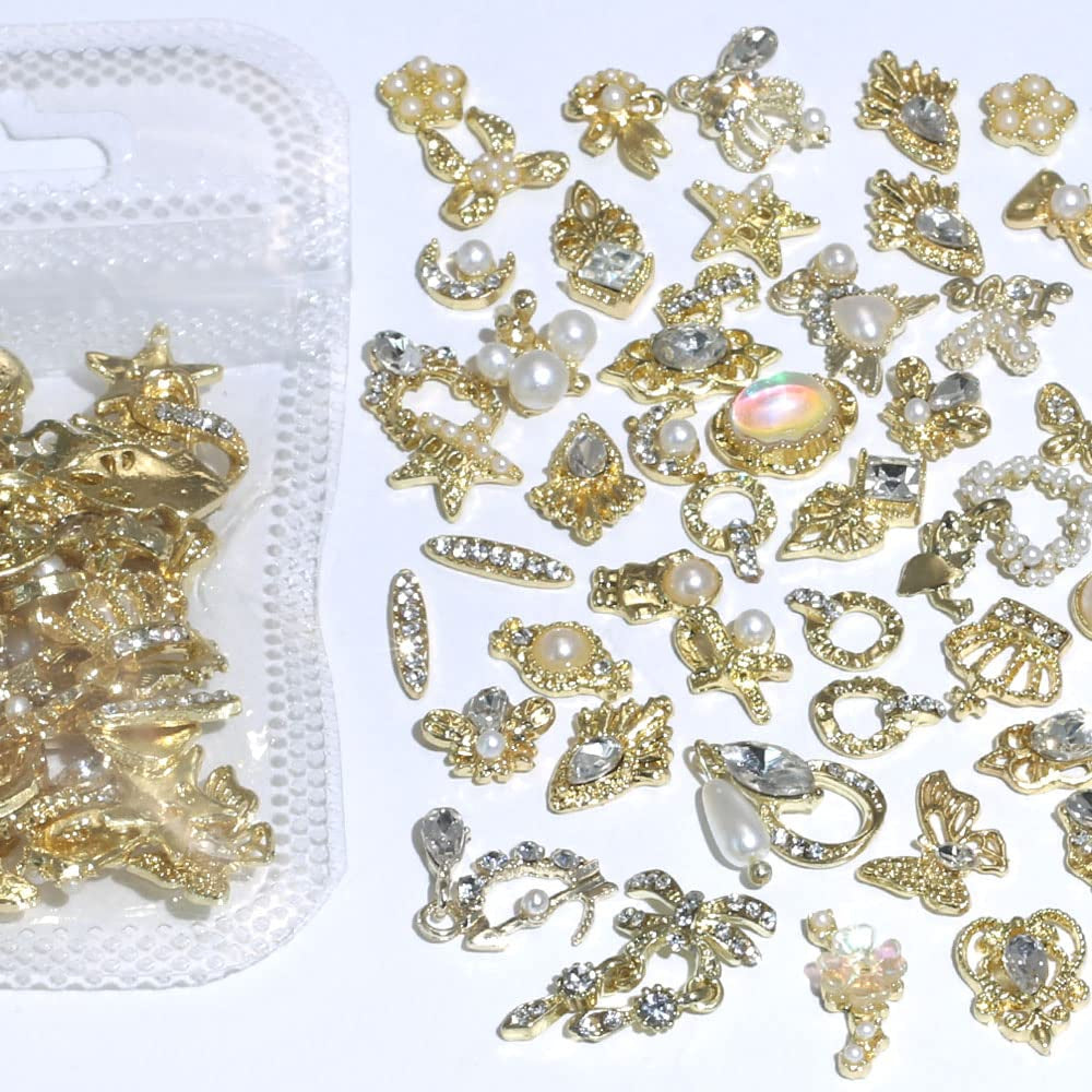 50 pièces de breloques à ongles dorées, mélange de styles, pierres scintillantes, perles, jambes, pierre de naissance, fleurs, strass, perles, bijoux, bijoux, décoration d'ongles DIY pour femmes